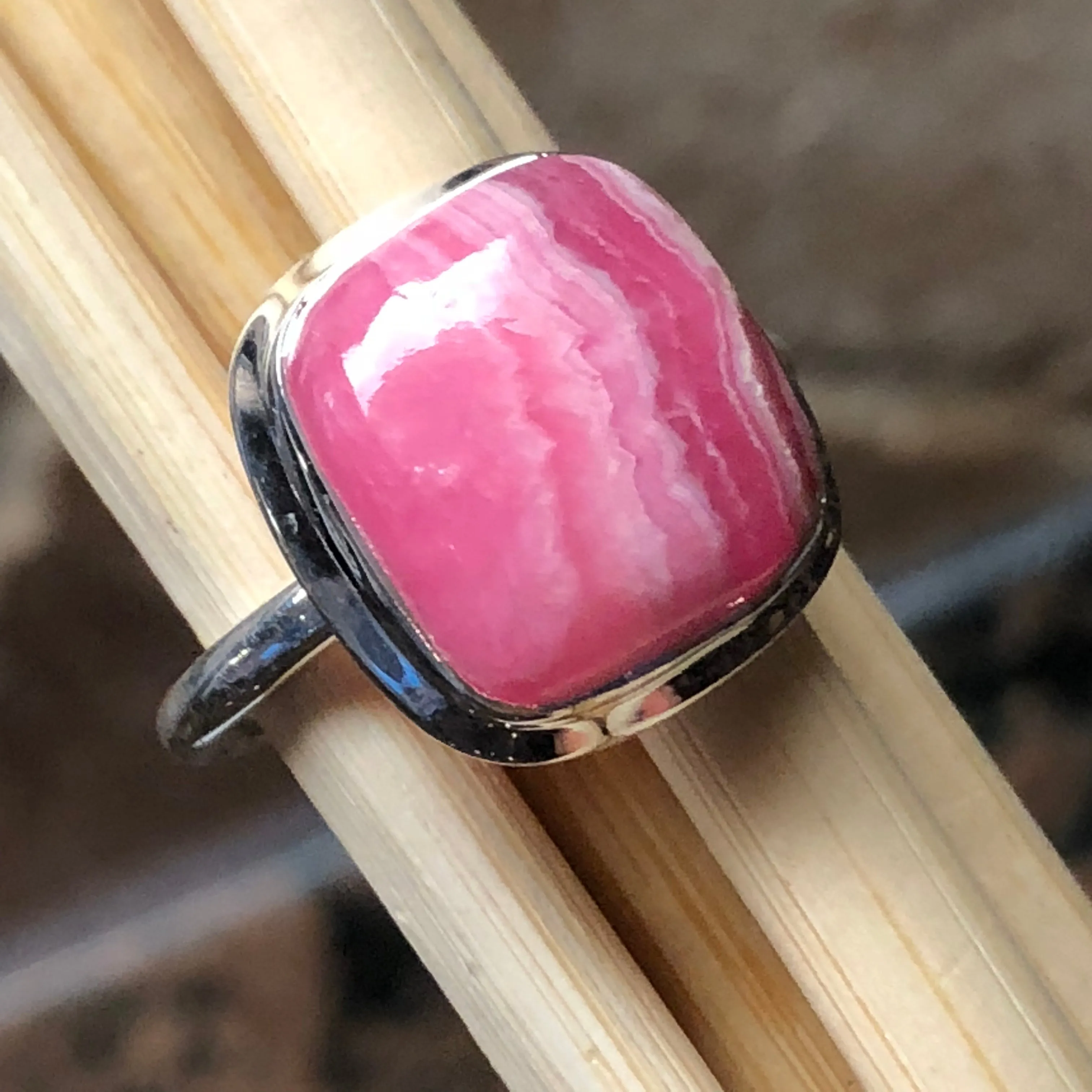 Natural Pink Rhodocrosite 925 Solid Sterling Silver Ring Size 7.75