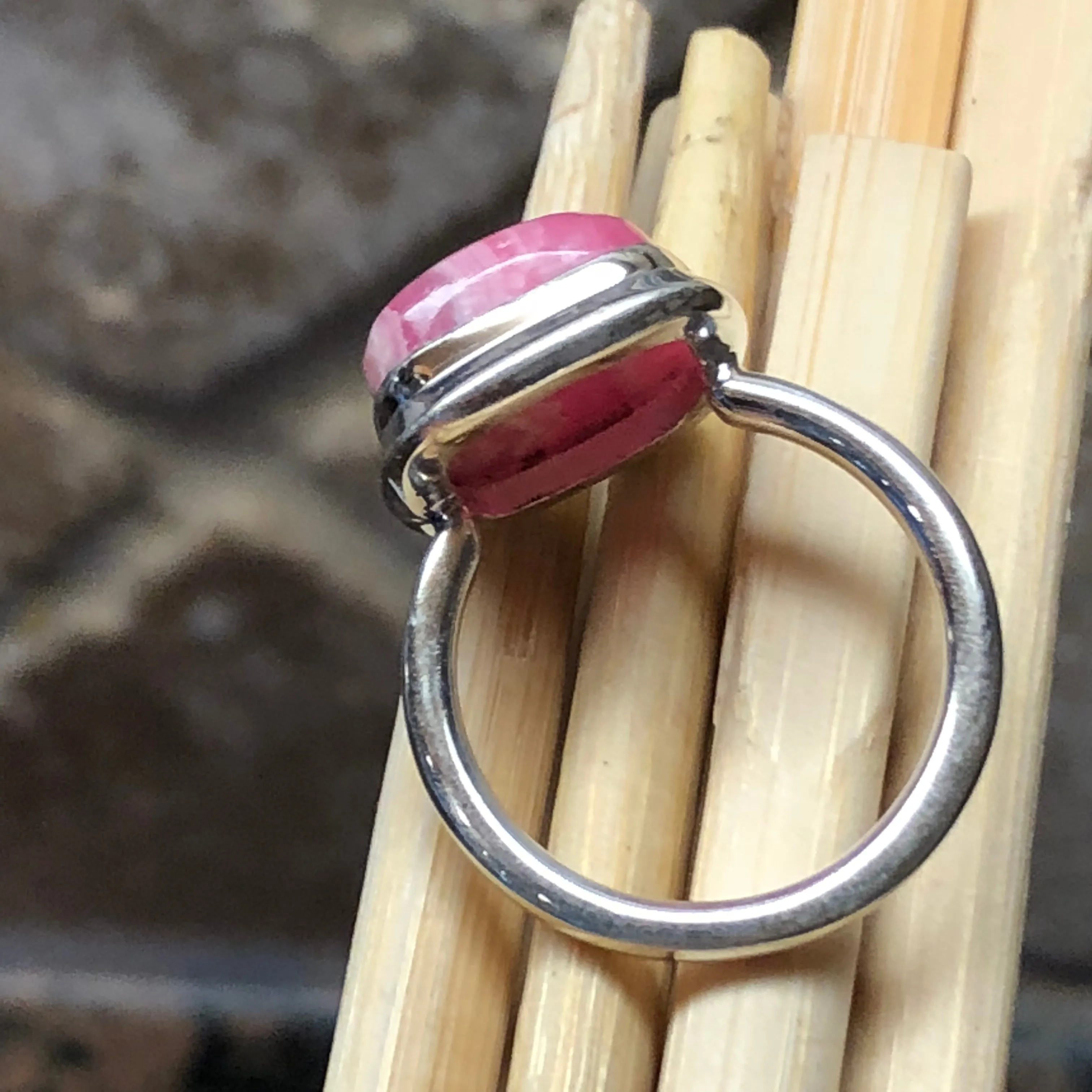 Natural Pink Rhodocrosite 925 Solid Sterling Silver Ring Size 7.75