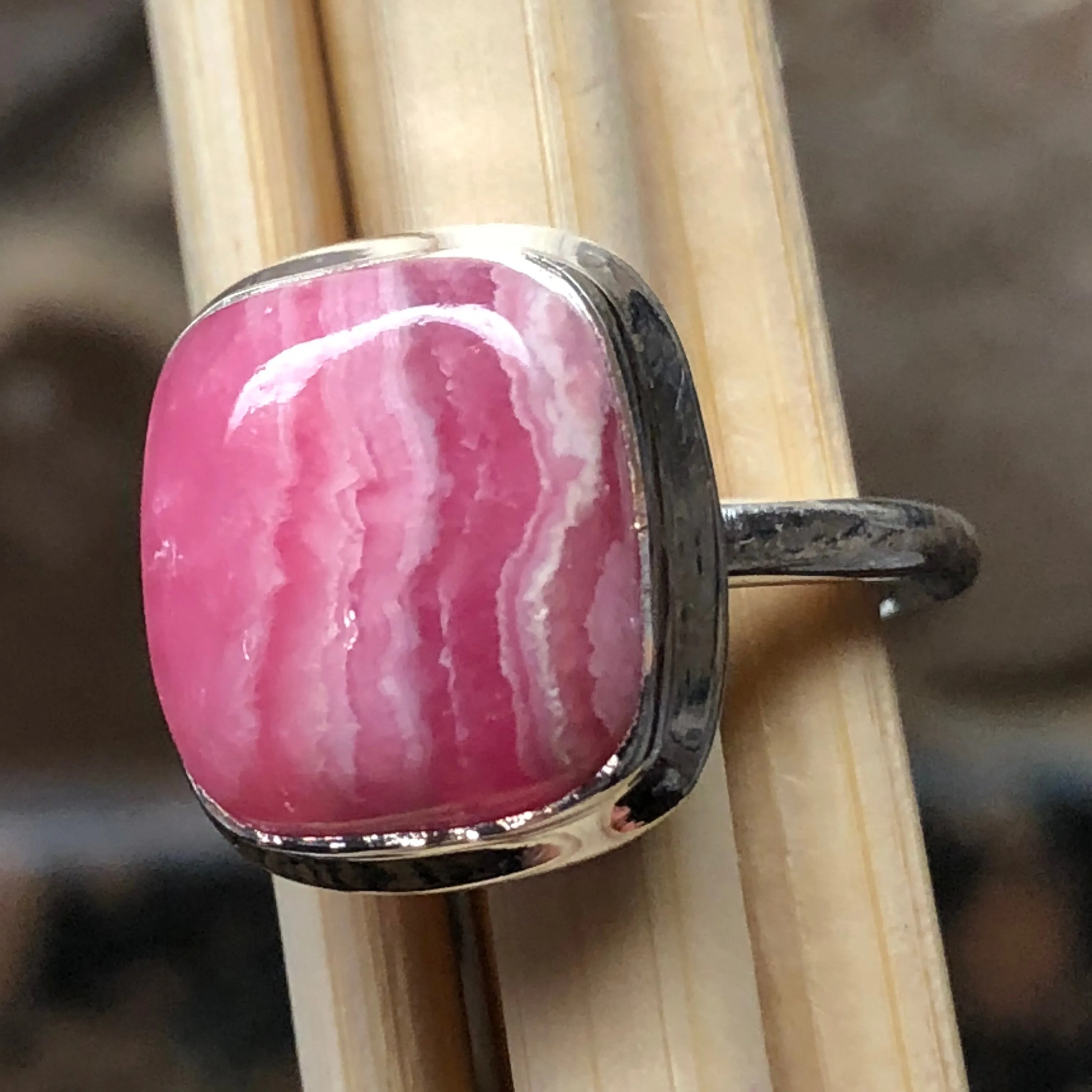 Natural Pink Rhodocrosite 925 Solid Sterling Silver Ring Size 7.75