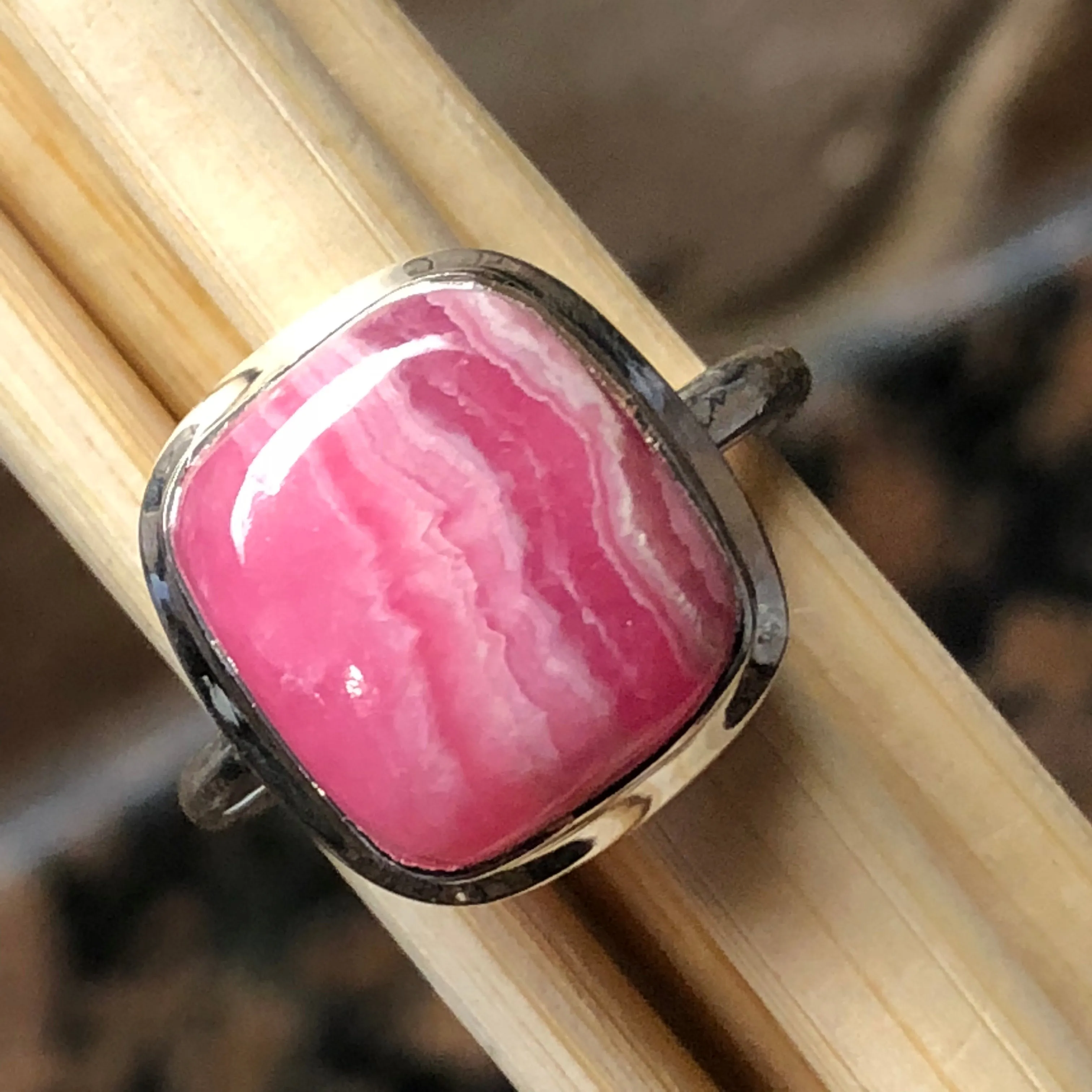 Natural Pink Rhodocrosite 925 Solid Sterling Silver Ring Size 7.75