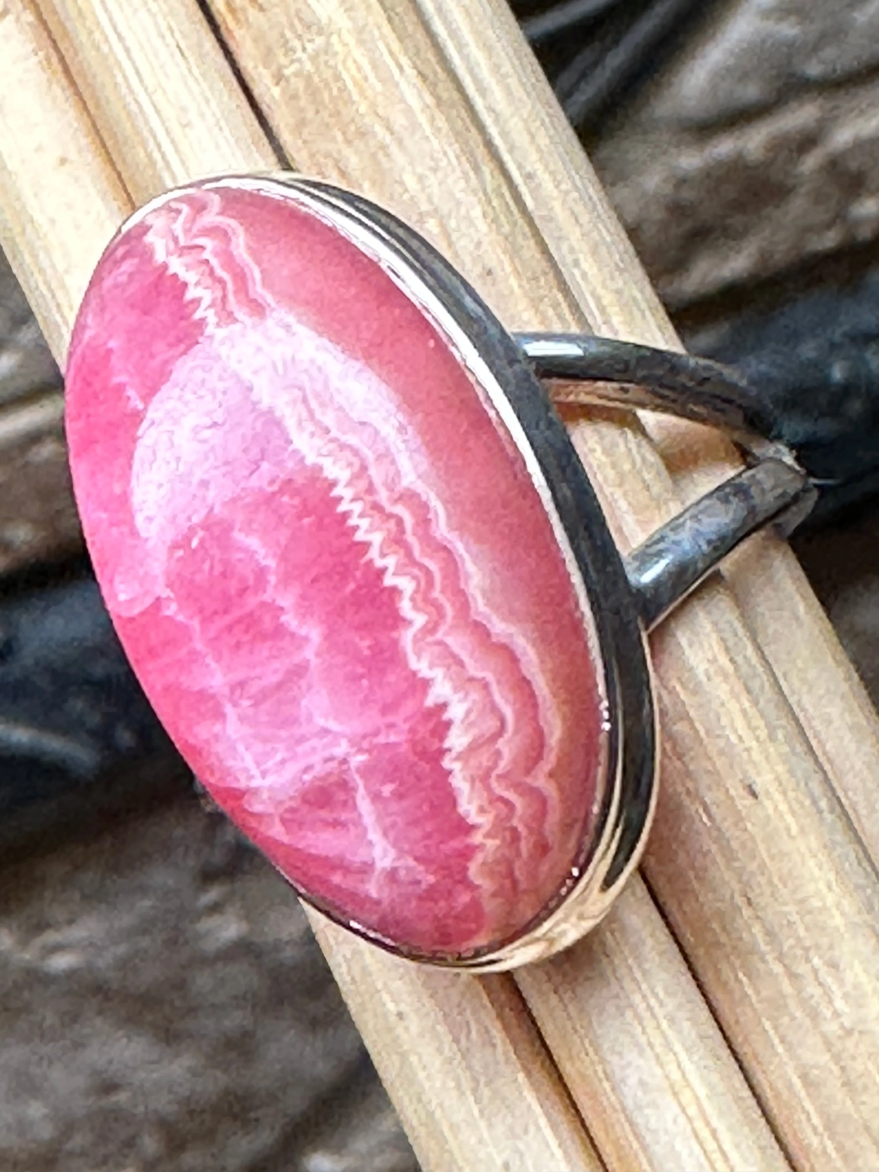 Natural Pink Rhodocrosite 925 Solid Sterling Silver Ring Size 8