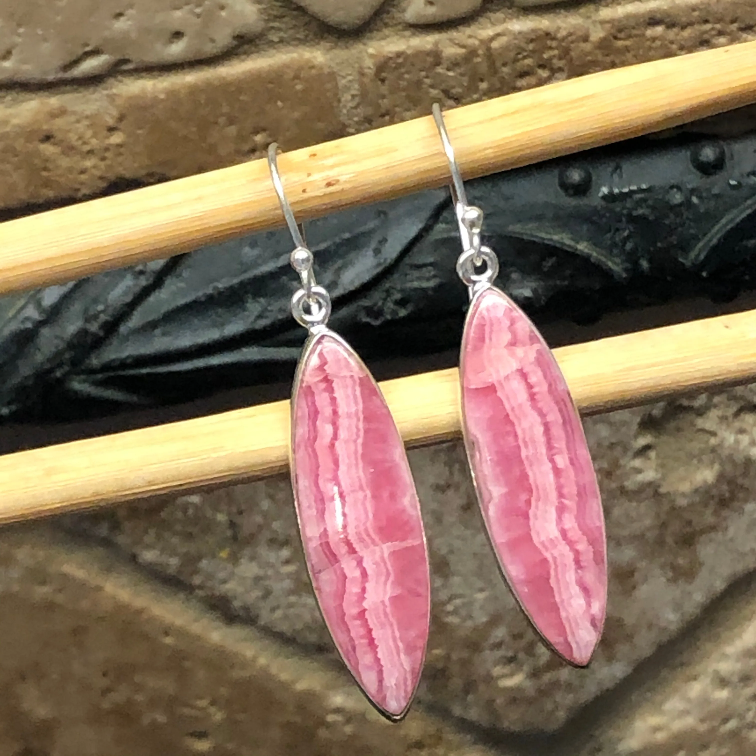 Natural Pink Rhodocrosite 925 Sterling Silver Earrings 45mm