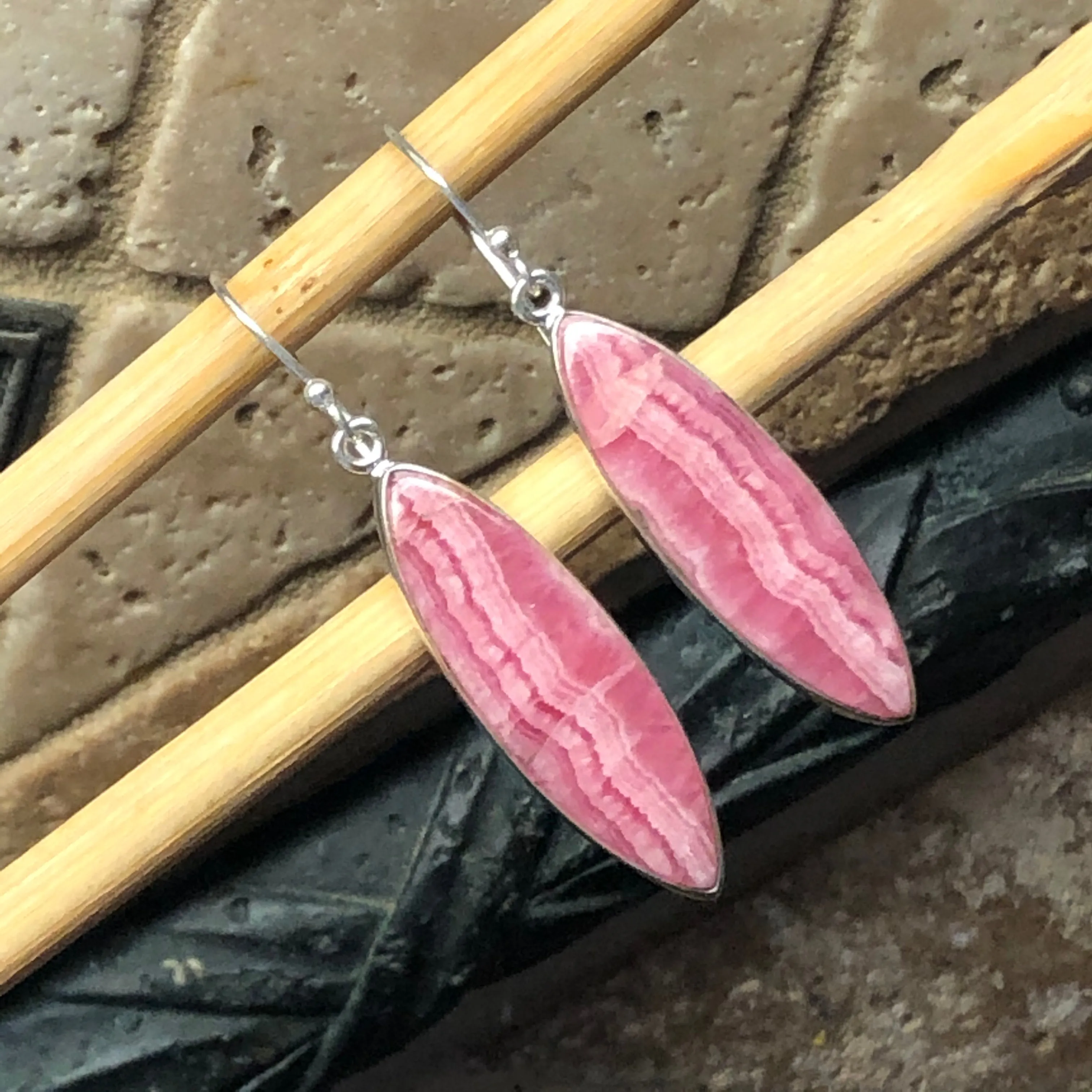Natural Pink Rhodocrosite 925 Sterling Silver Earrings 45mm