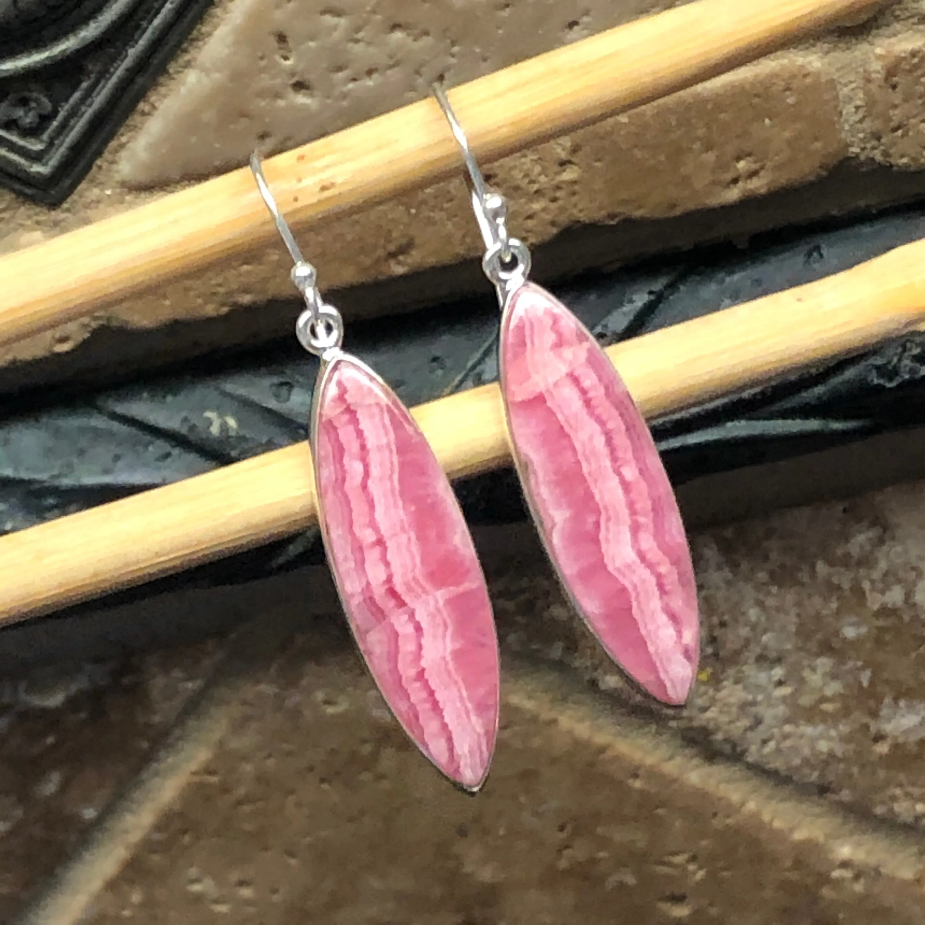 Natural Pink Rhodocrosite 925 Sterling Silver Earrings 45mm