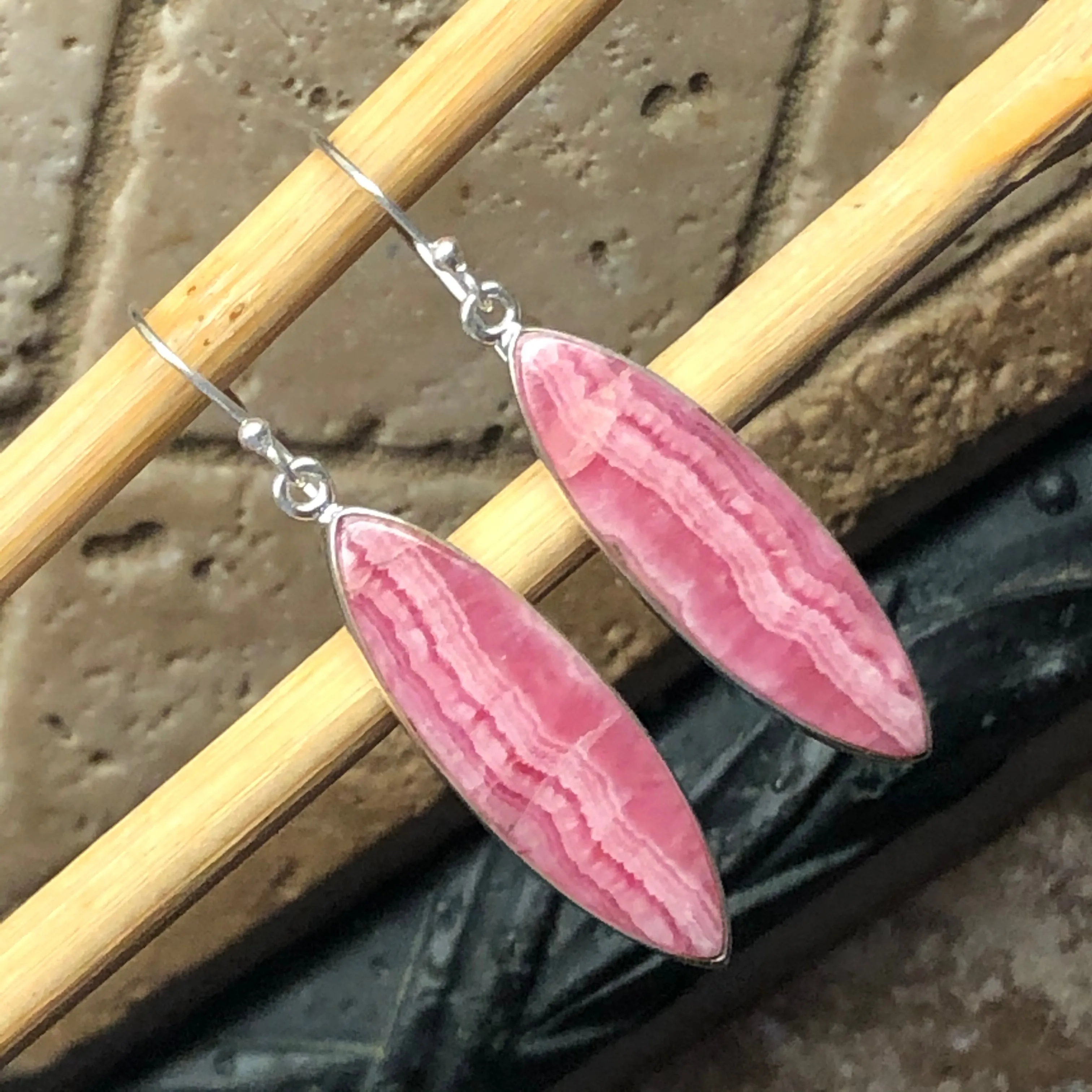 Natural Pink Rhodocrosite 925 Sterling Silver Earrings 45mm
