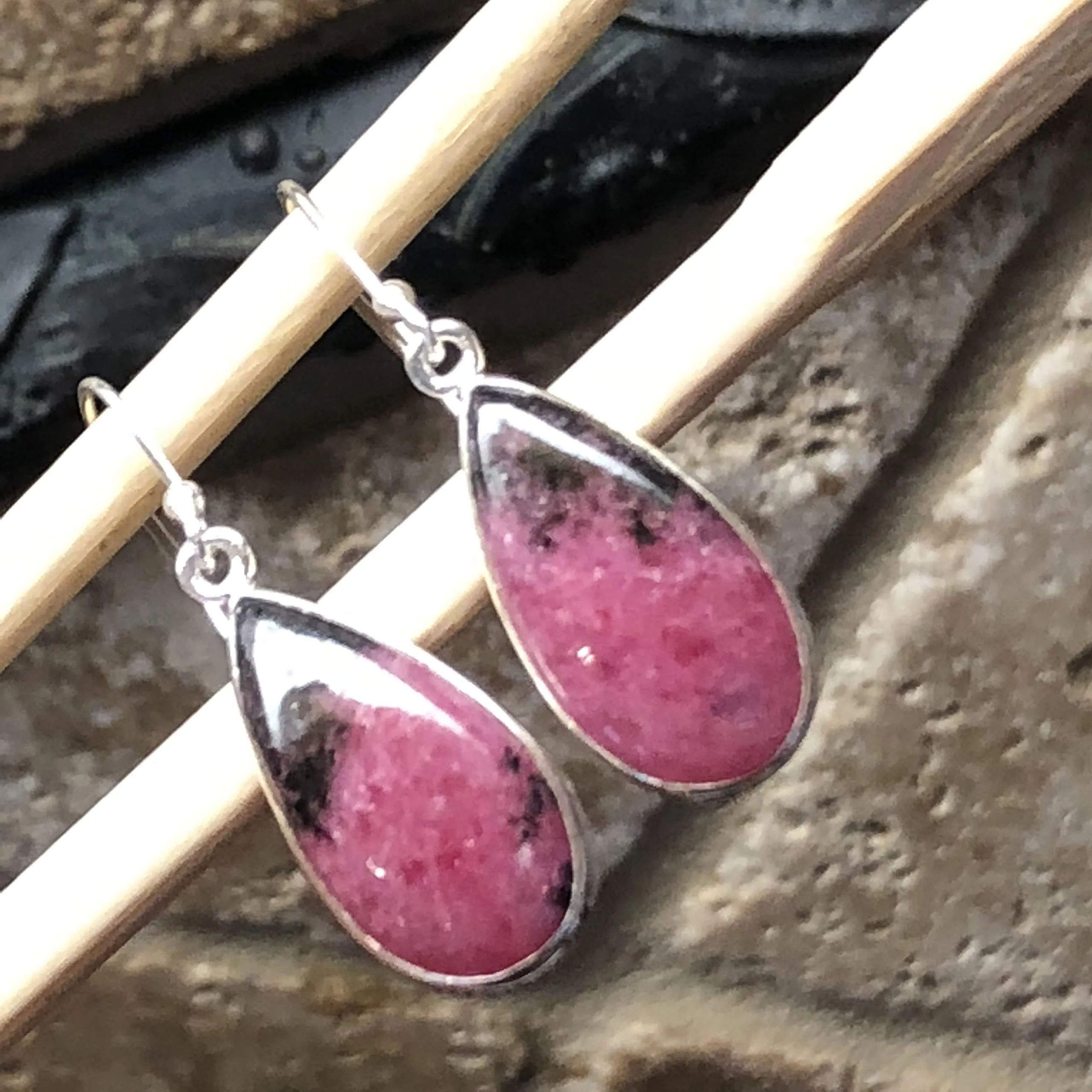 Natural Pink Rhodonite 925 Sterling Silver Earrings 35mm