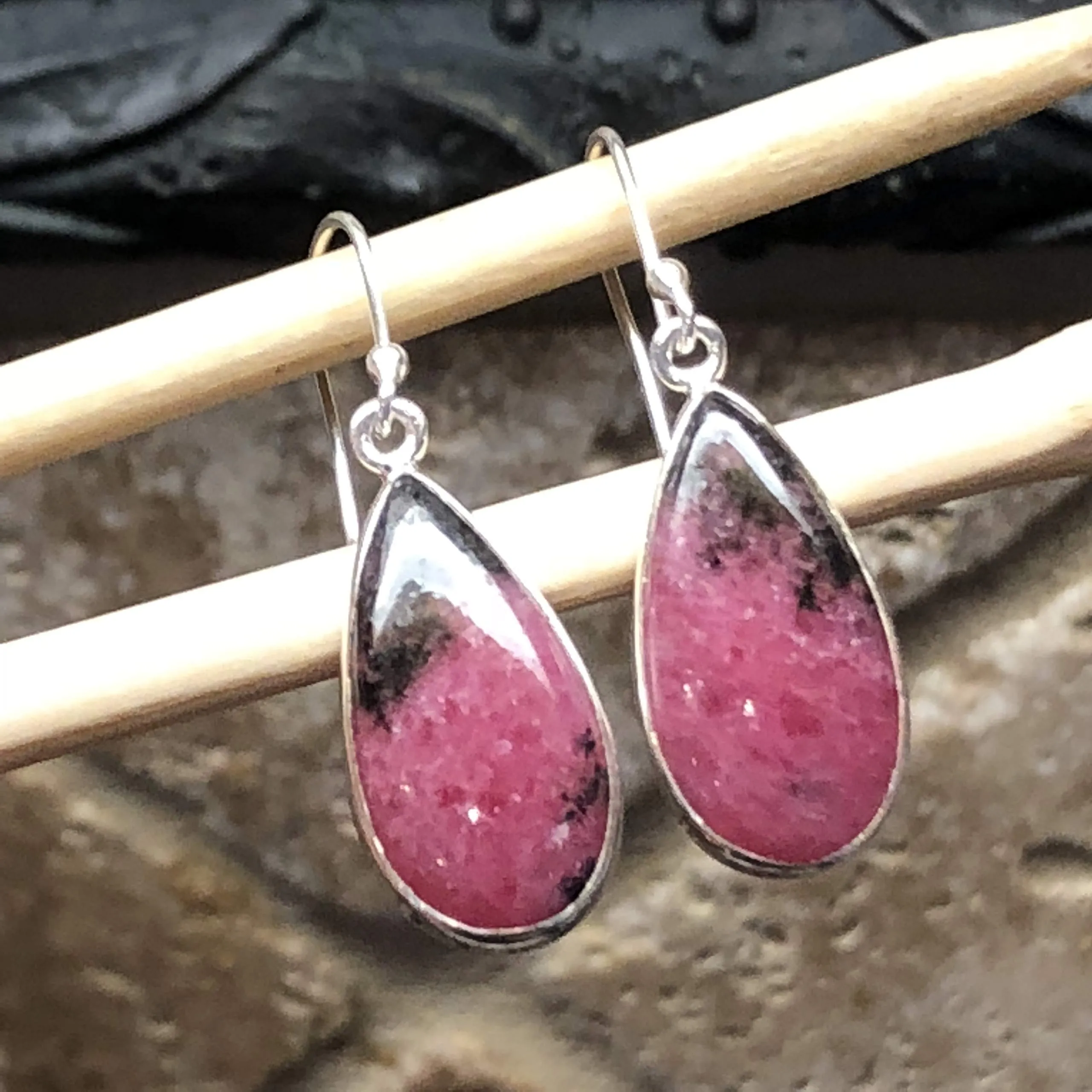 Natural Pink Rhodonite 925 Sterling Silver Earrings 35mm