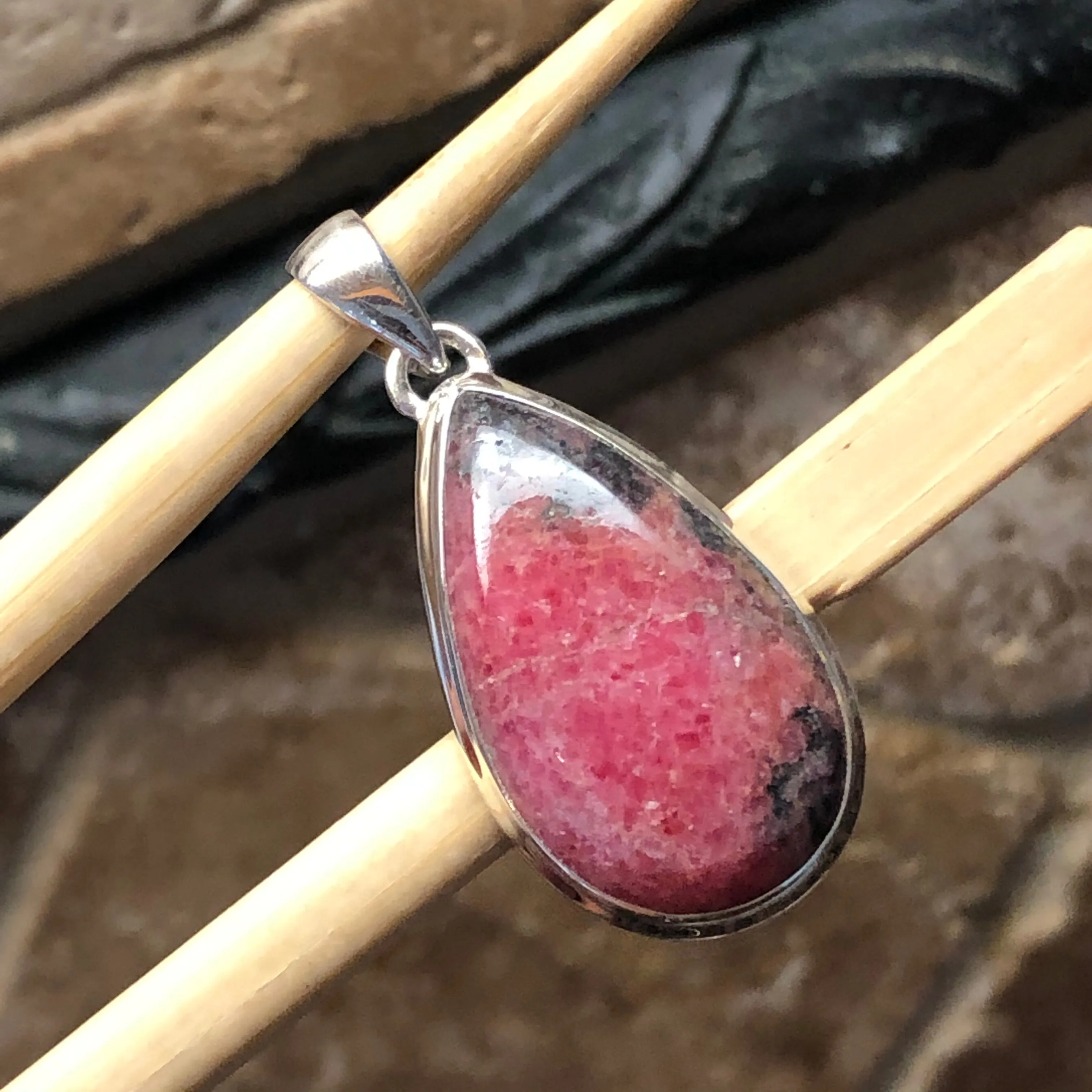 Natural Pink Rhodonite 925 Sterling Silver Pendant 50mm