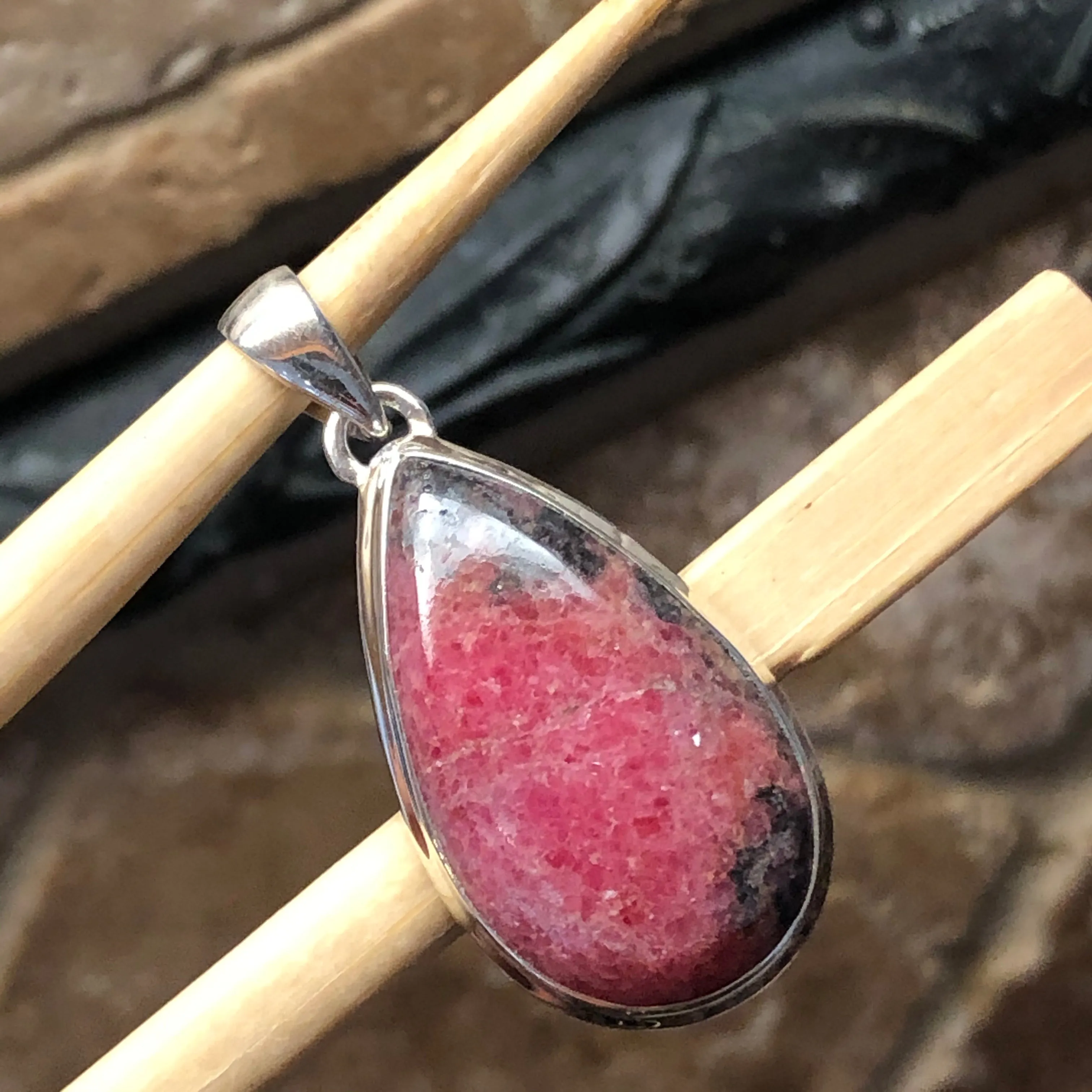 Natural Pink Rhodonite 925 Sterling Silver Pendant 50mm