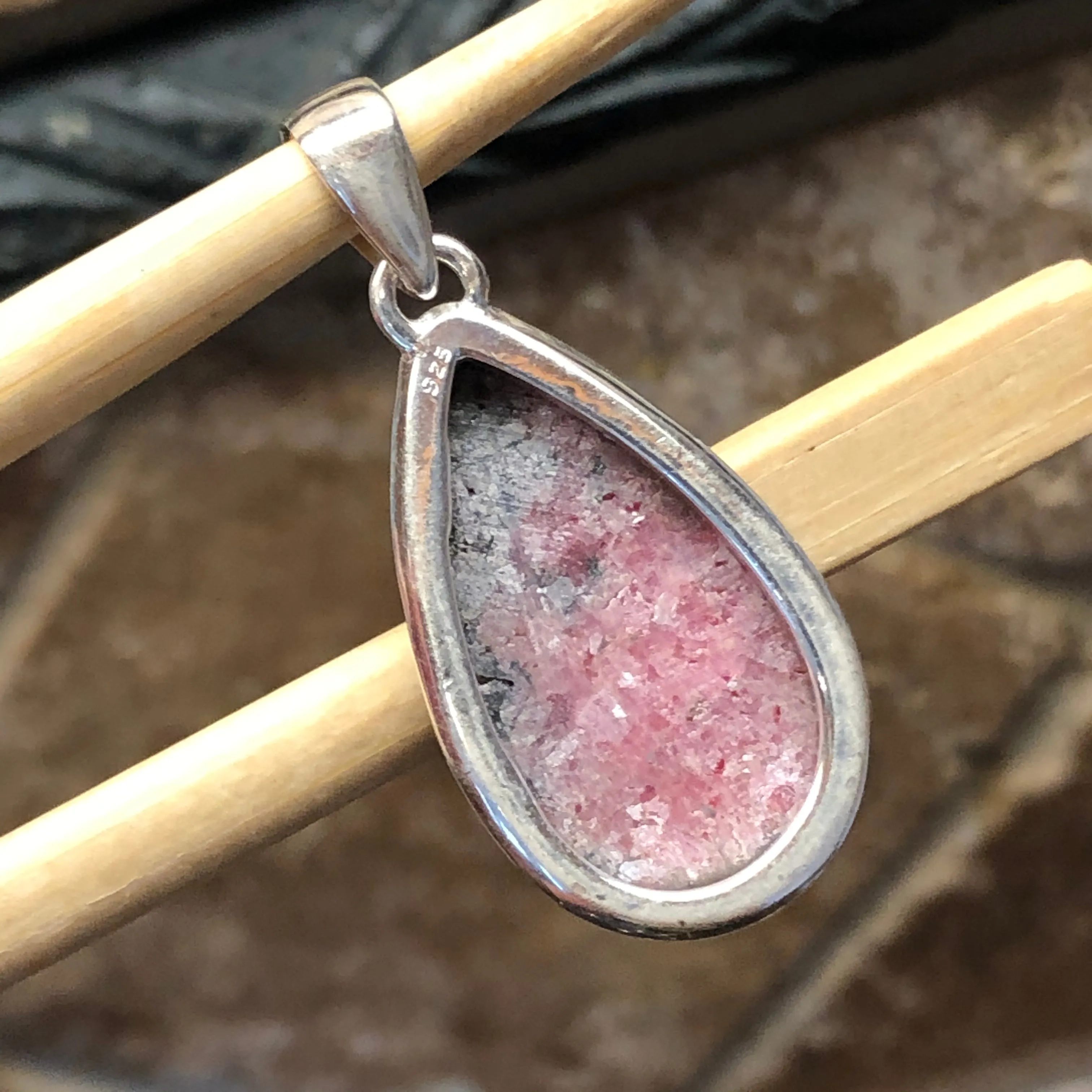 Natural Pink Rhodonite 925 Sterling Silver Pendant 50mm