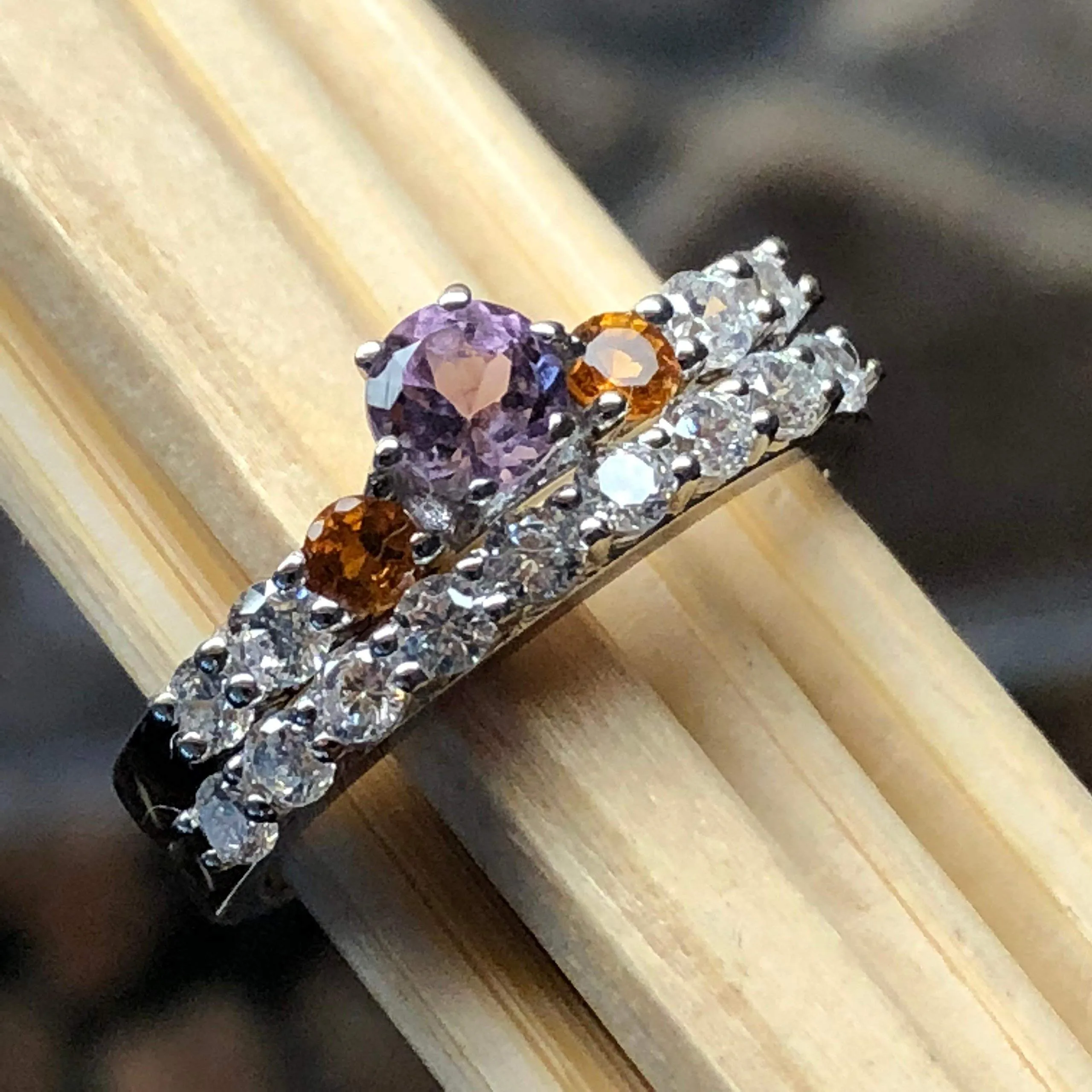 Natural Purple Amethyst, Citrine 925 Solid Sterling Silver Engagement Ring Size 6, 7, 8, 9