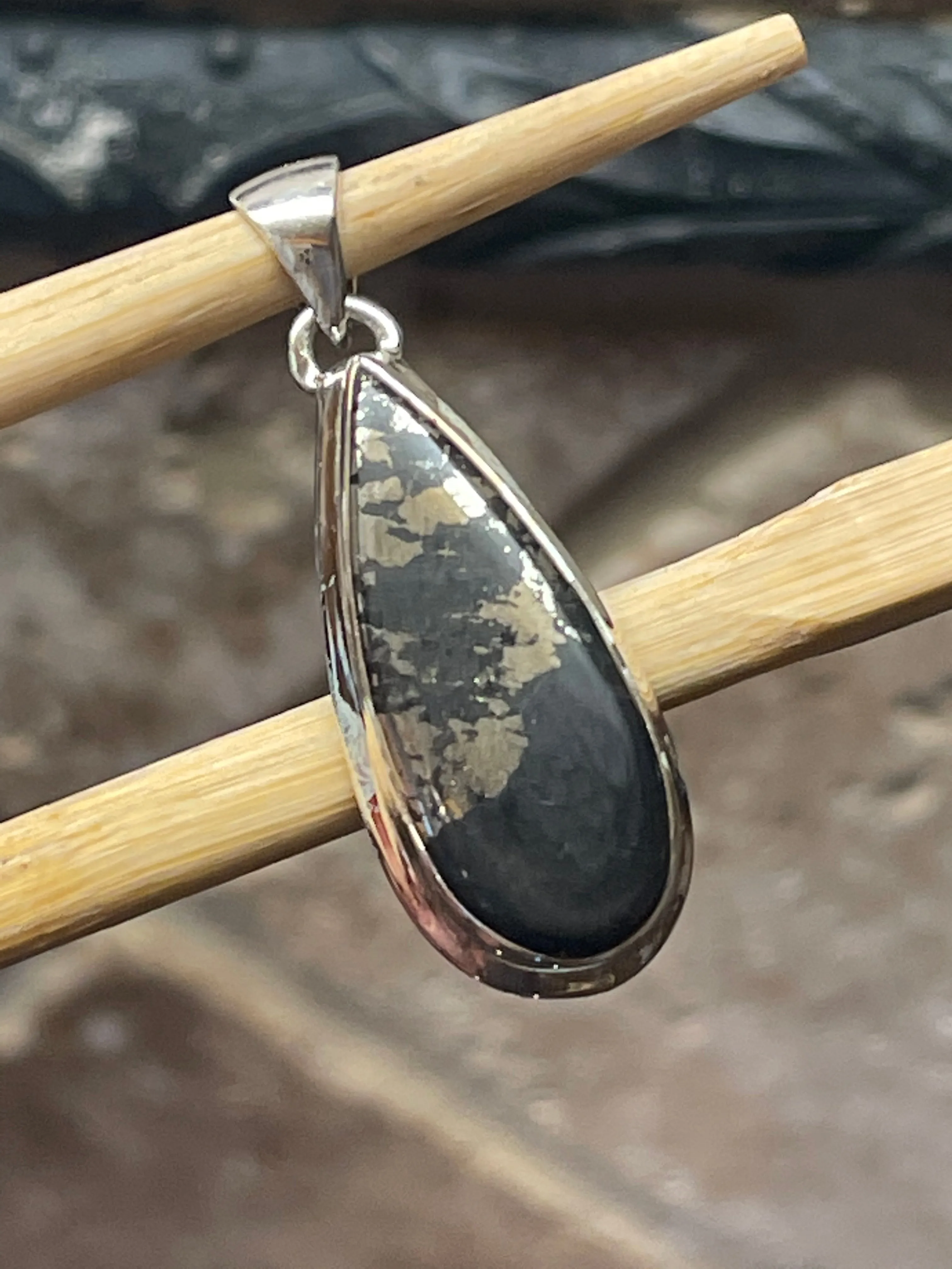Natural Pyrite in Magnetite 925 Solid Sterling Silver Pendant 37mm