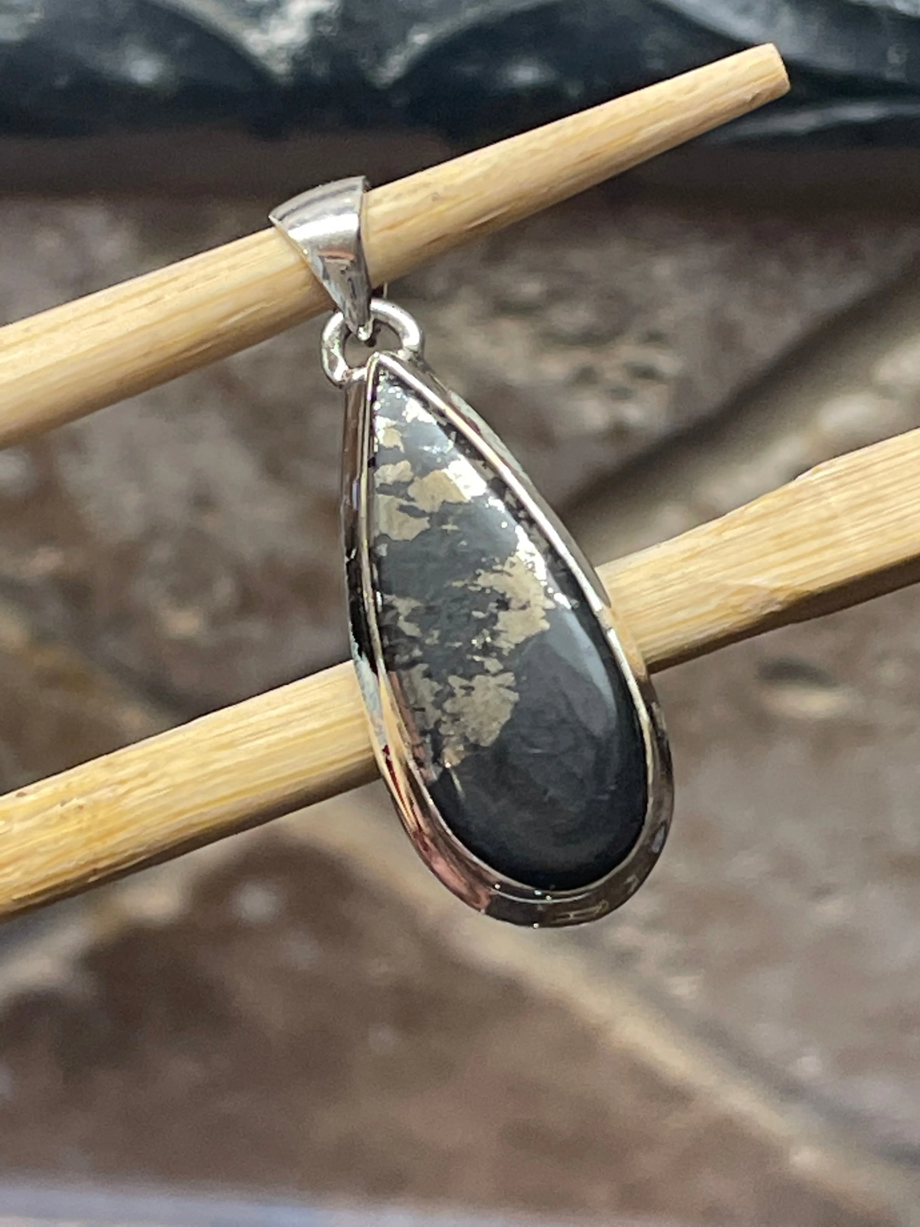 Natural Pyrite in Magnetite 925 Solid Sterling Silver Pendant 37mm