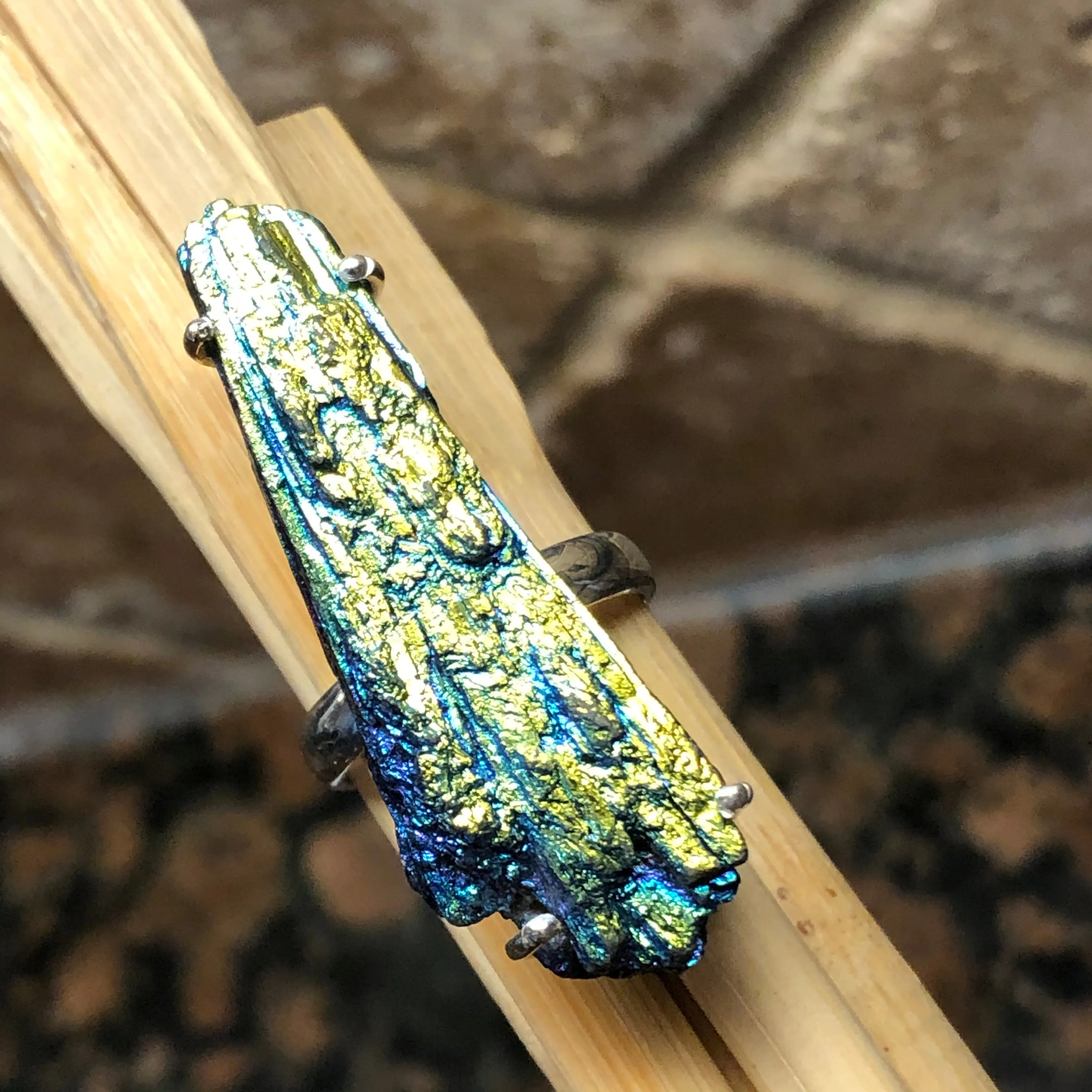 Natural Rainbow Aura Kyanite 925 Solid Sterling Silver Ring Size 8.75