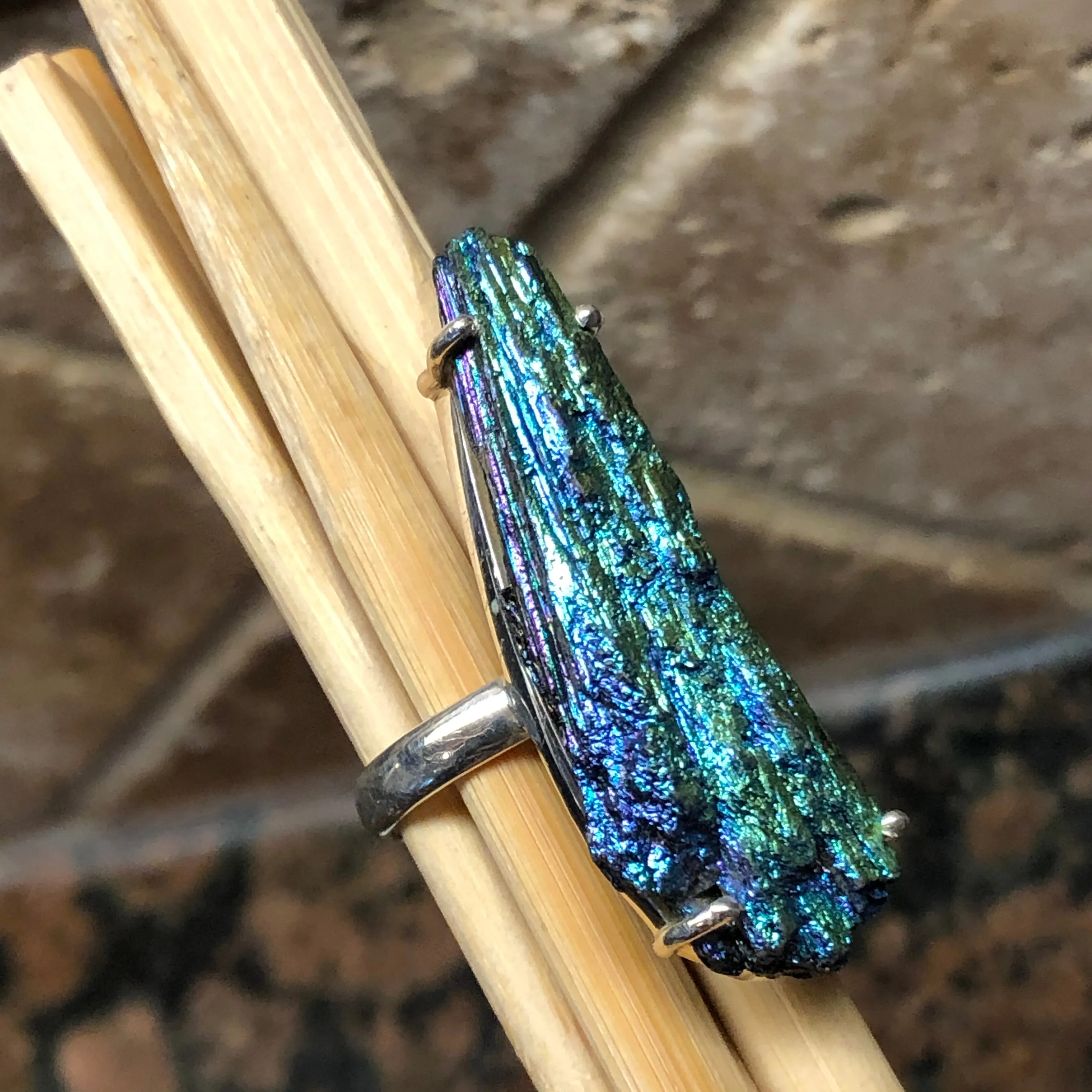 Natural Rainbow Aura Kyanite 925 Solid Sterling Silver Ring Size 8.75