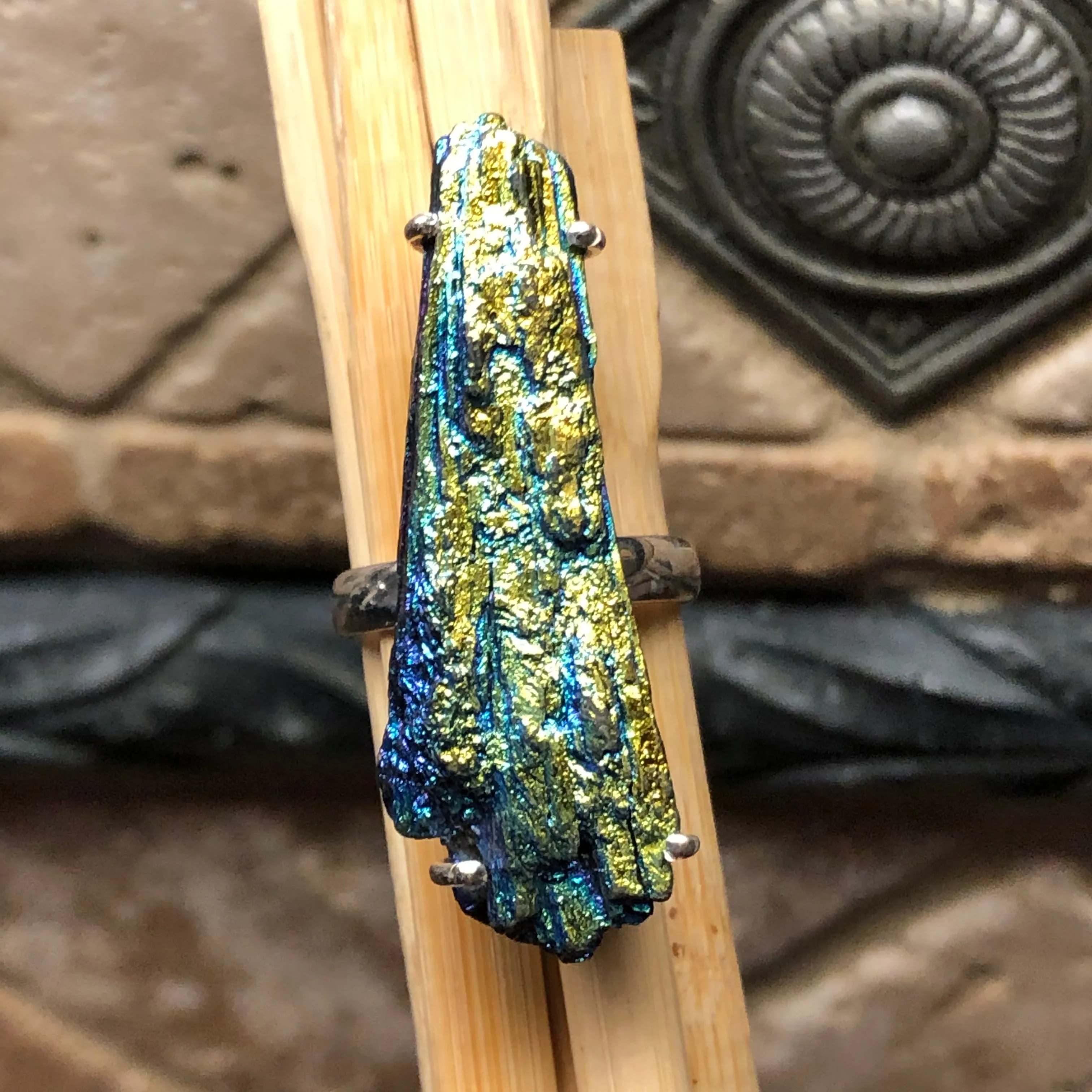 Natural Rainbow Aura Kyanite 925 Solid Sterling Silver Ring Size 8.75