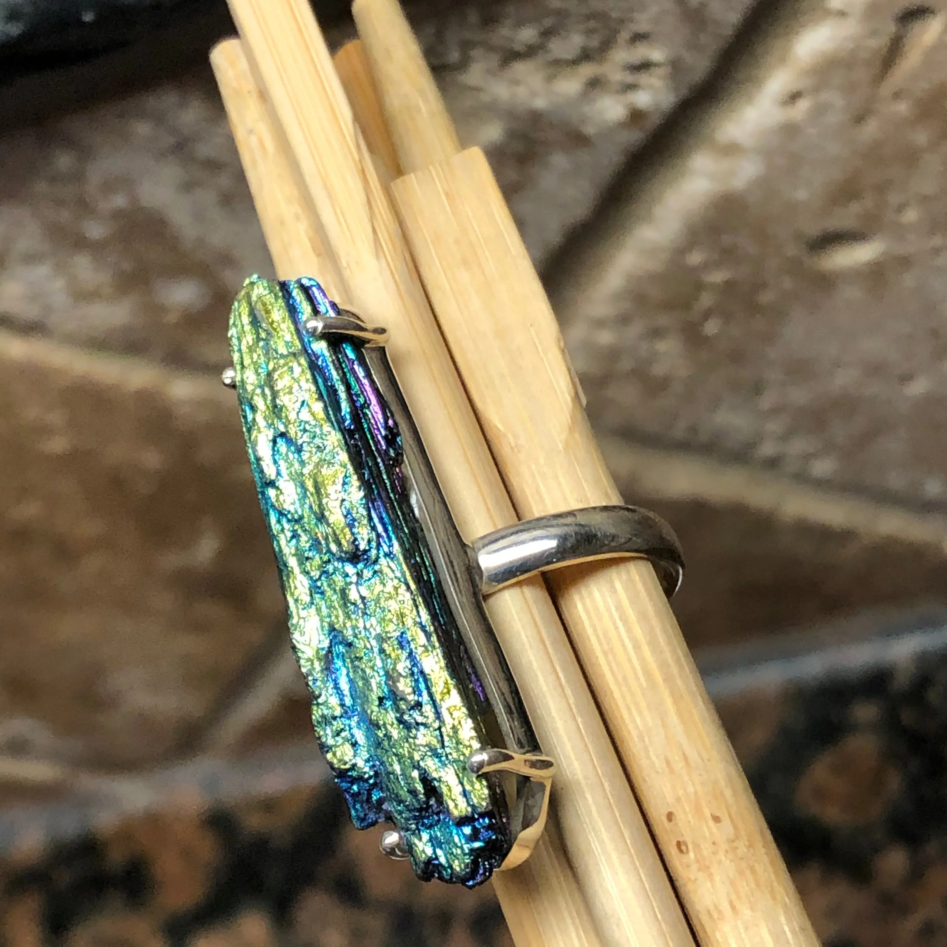 Natural Rainbow Aura Kyanite 925 Solid Sterling Silver Ring Size 8.75