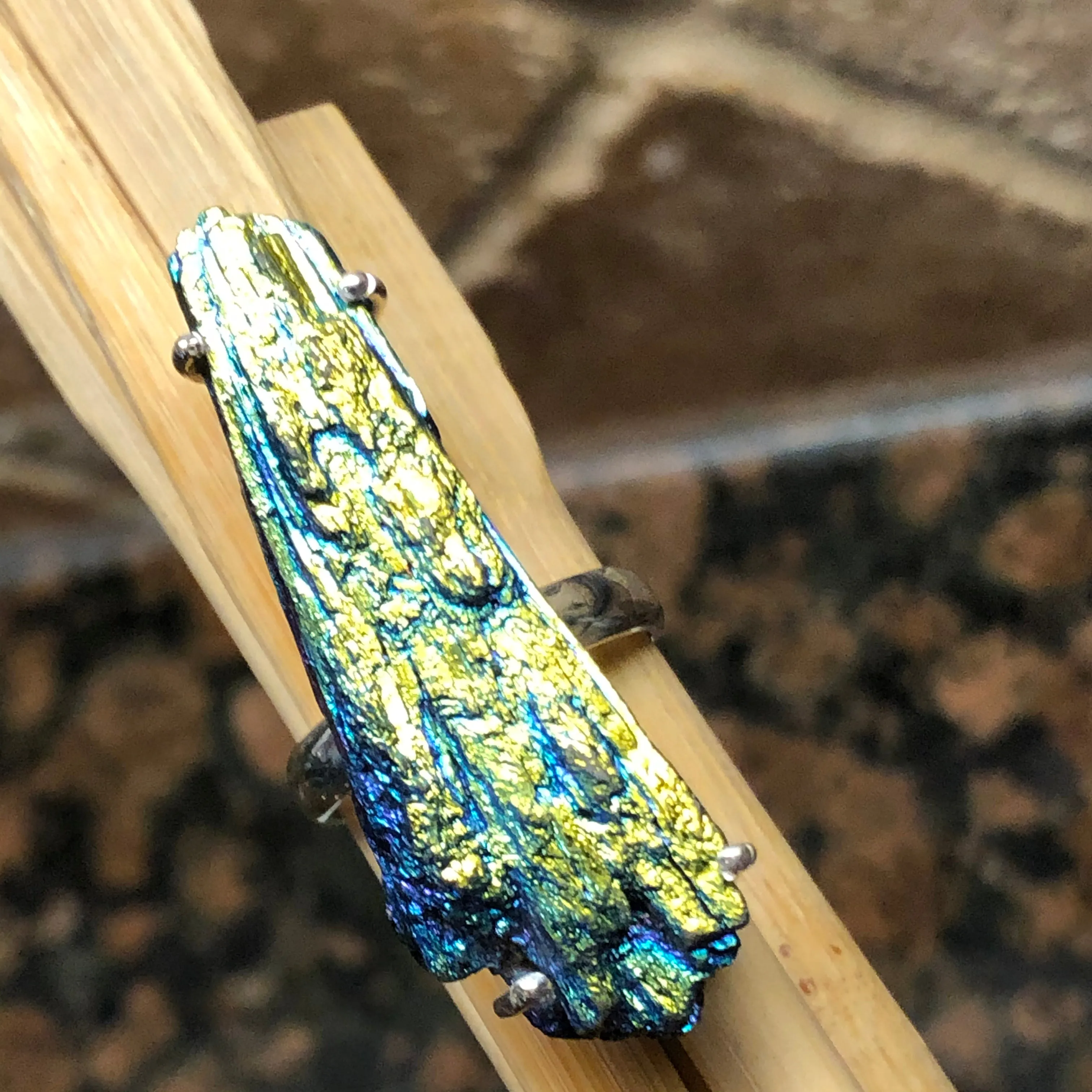 Natural Rainbow Aura Kyanite 925 Solid Sterling Silver Ring Size 8.75