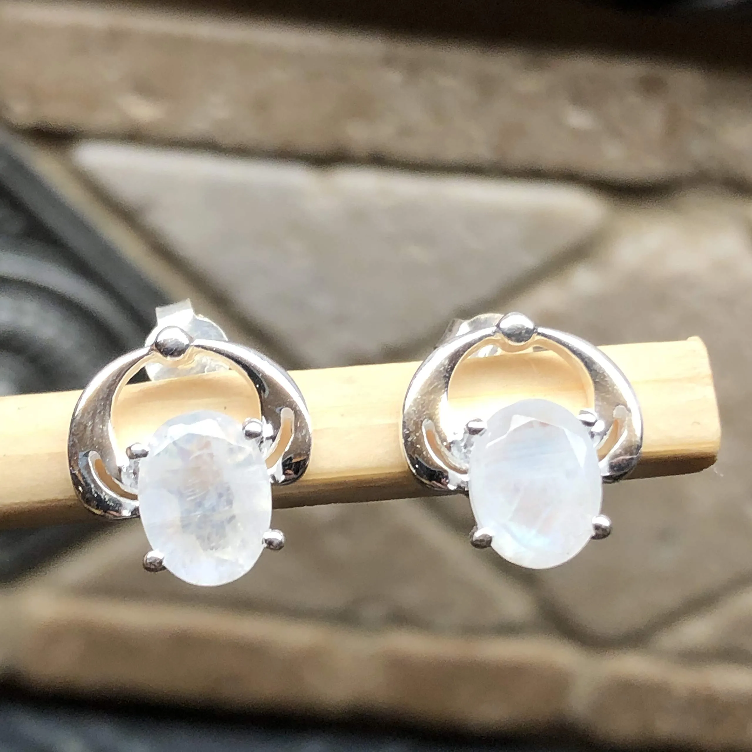 Natural Rainbow Moonstone 925 Solid Sterling Silver Earrings 12mm