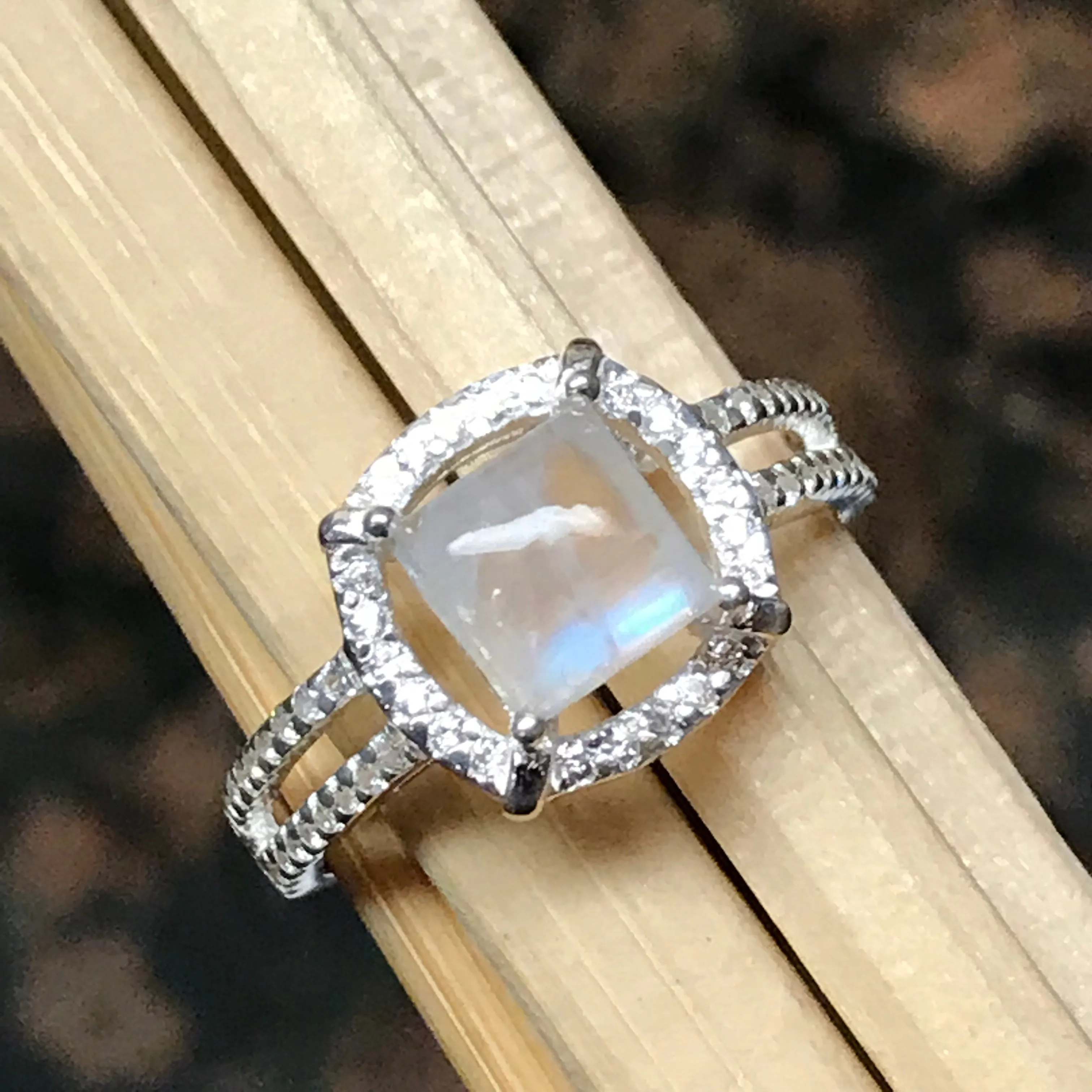 Natural Rainbow Moonstone 925 Solid Sterling Silver Engagement Ring Size 5, 6, 7, 8