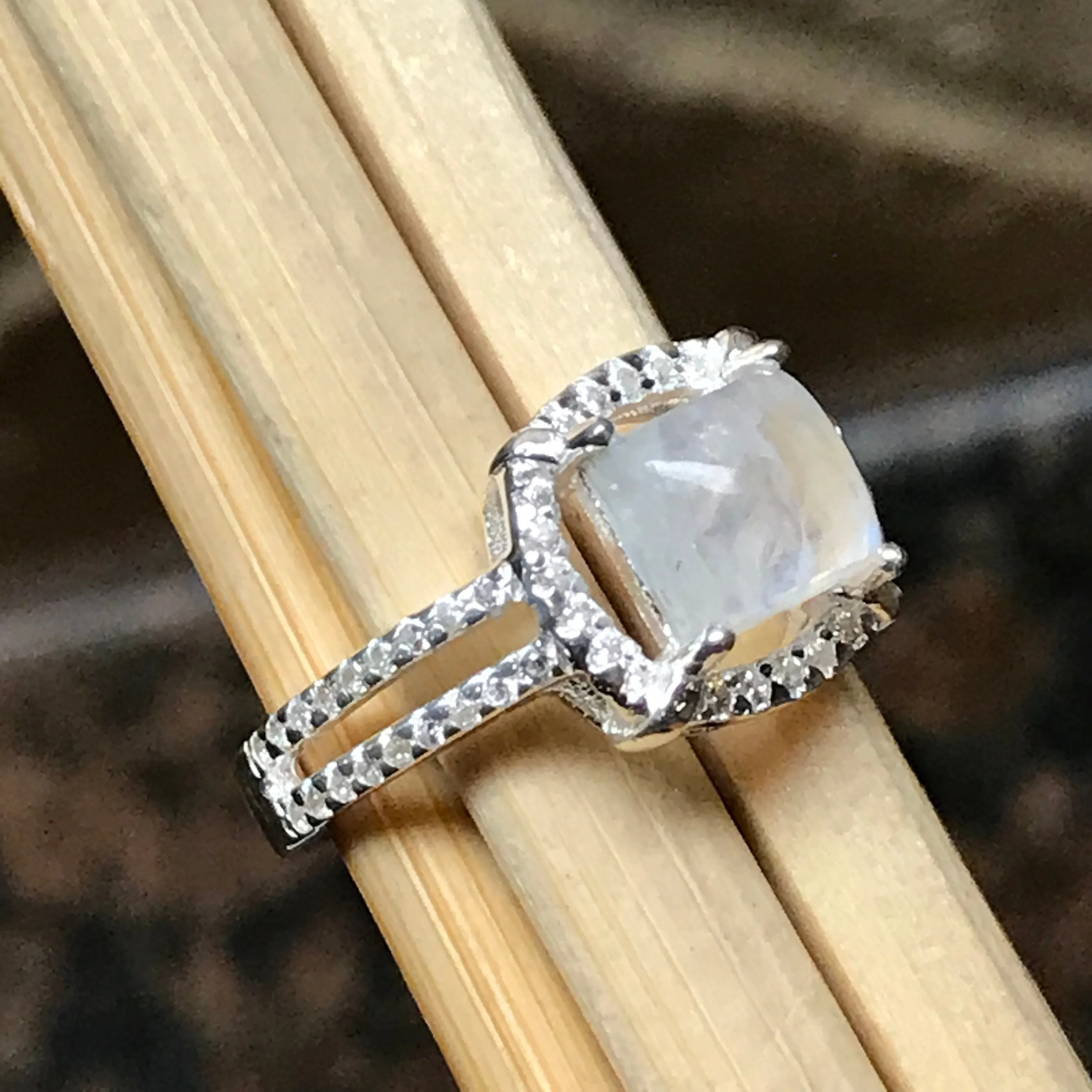 Natural Rainbow Moonstone 925 Solid Sterling Silver Engagement Ring Size 5, 6, 7, 8