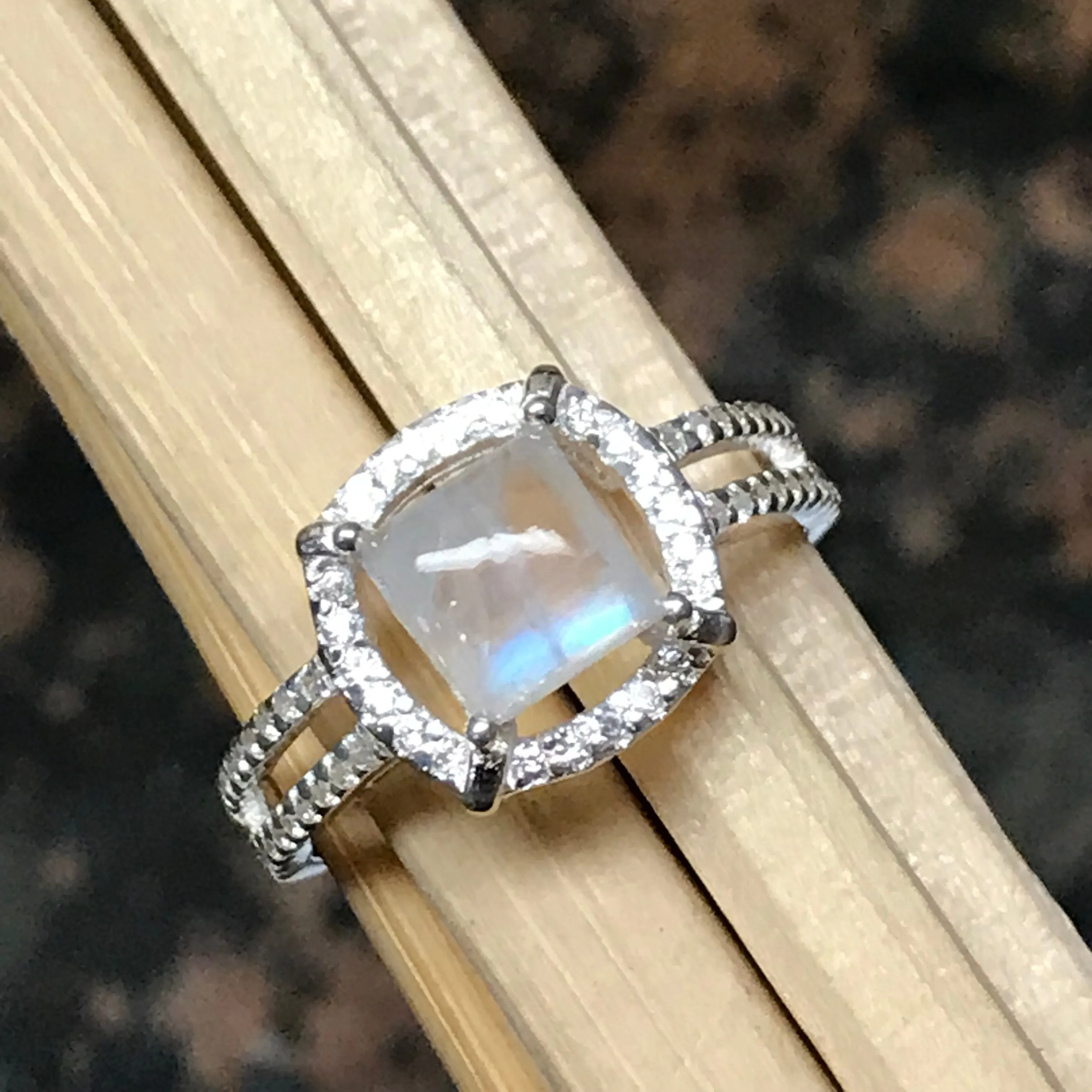 Natural Rainbow Moonstone 925 Solid Sterling Silver Engagement Ring Size 5, 6, 7, 8