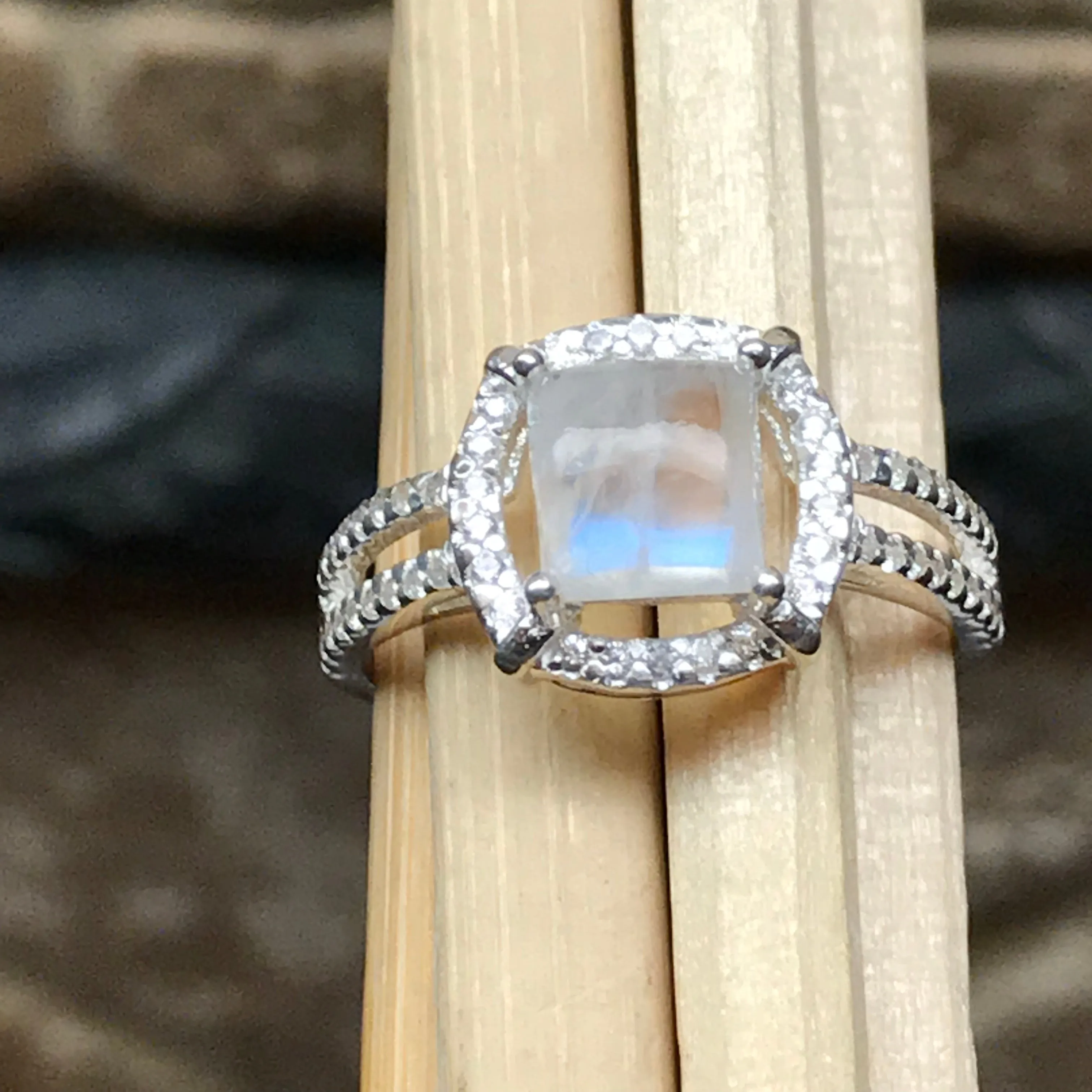 Natural Rainbow Moonstone 925 Solid Sterling Silver Engagement Ring Size 5, 6, 7, 8
