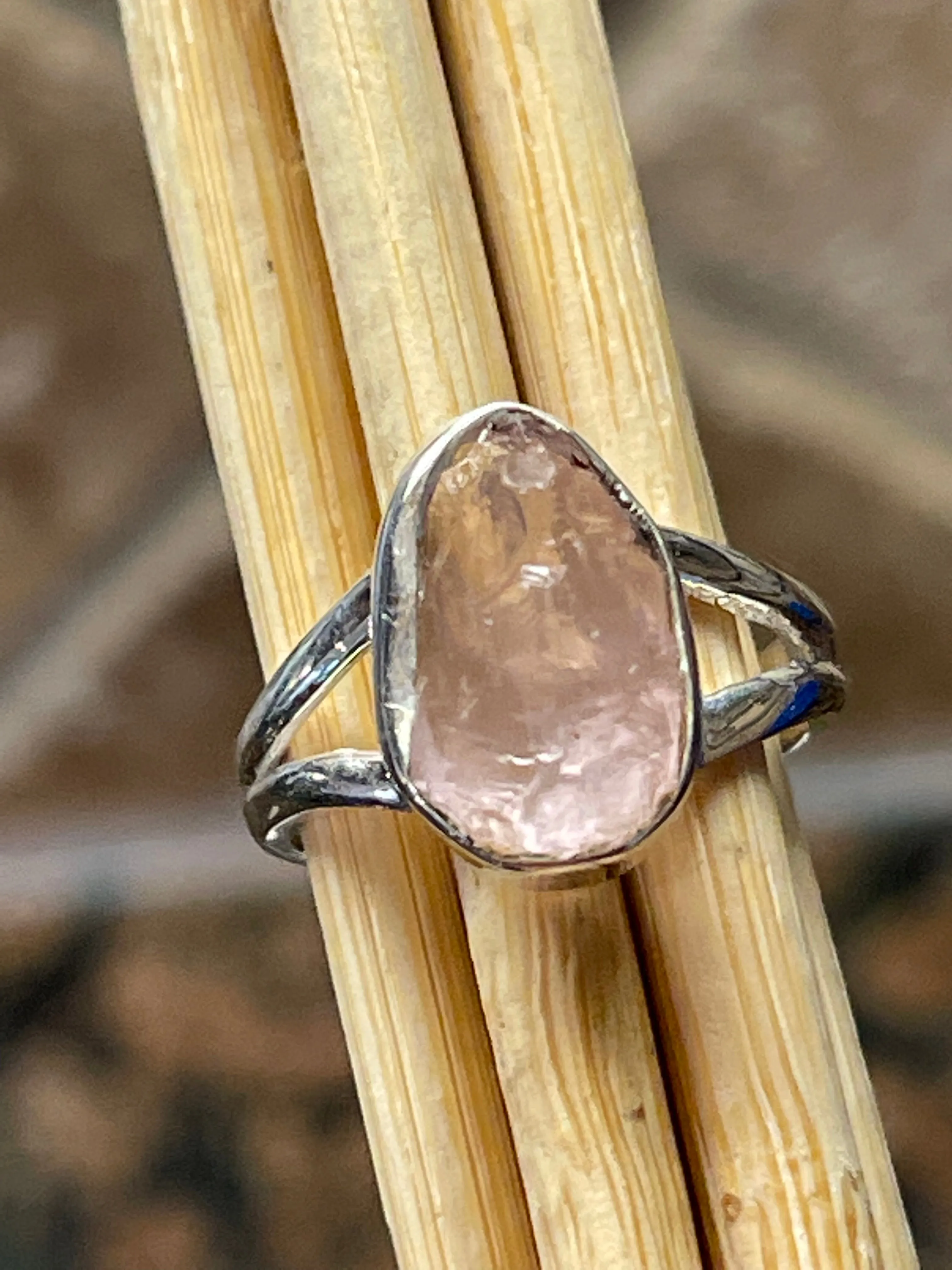Natural Raw Pink Rose Quartz 925 Soild Sterling Silver Ring Size 5.75
