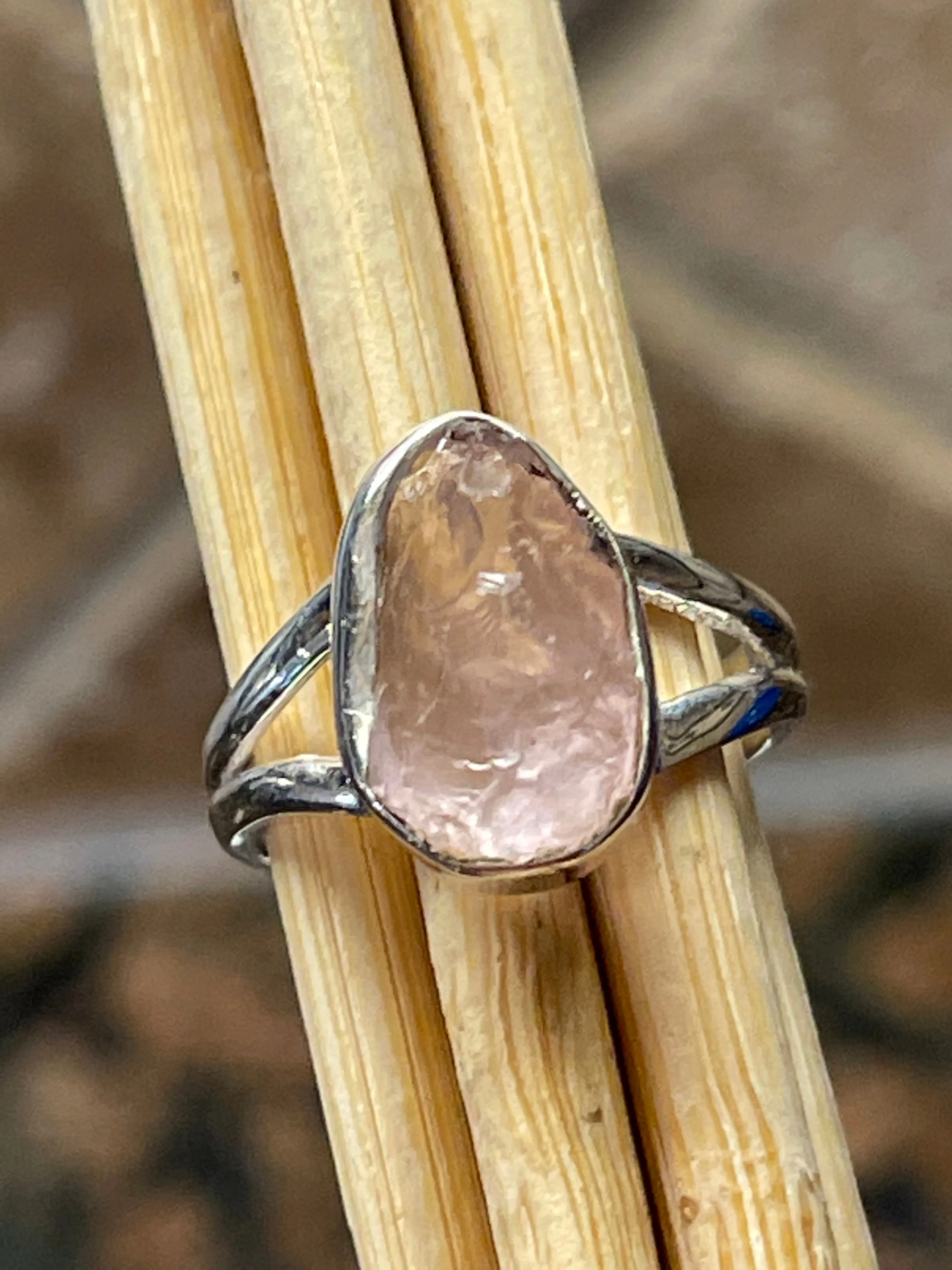 Natural Raw Pink Rose Quartz 925 Soild Sterling Silver Ring Size 5.75