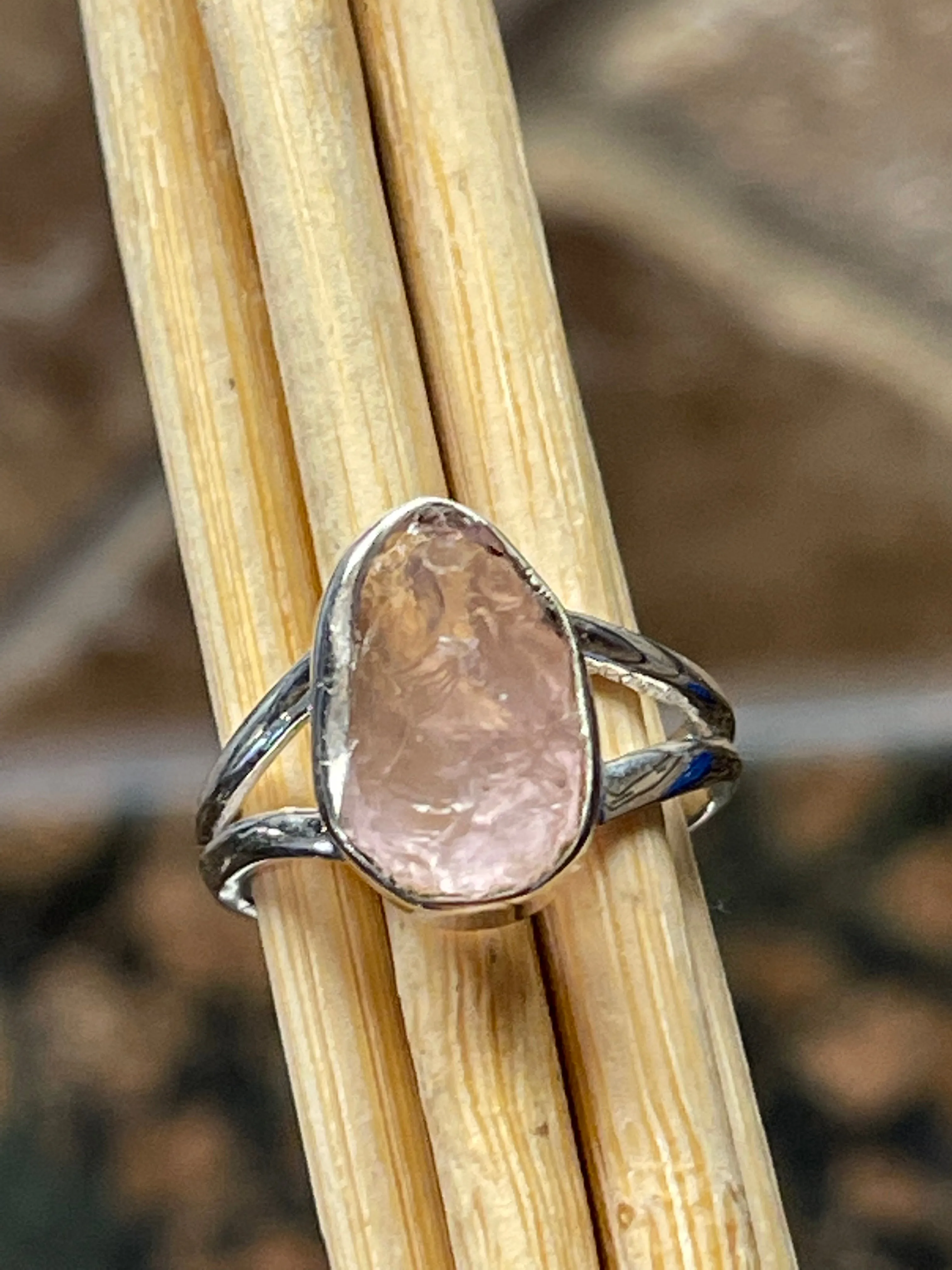 Natural Raw Pink Rose Quartz 925 Soild Sterling Silver Ring Size 5.75