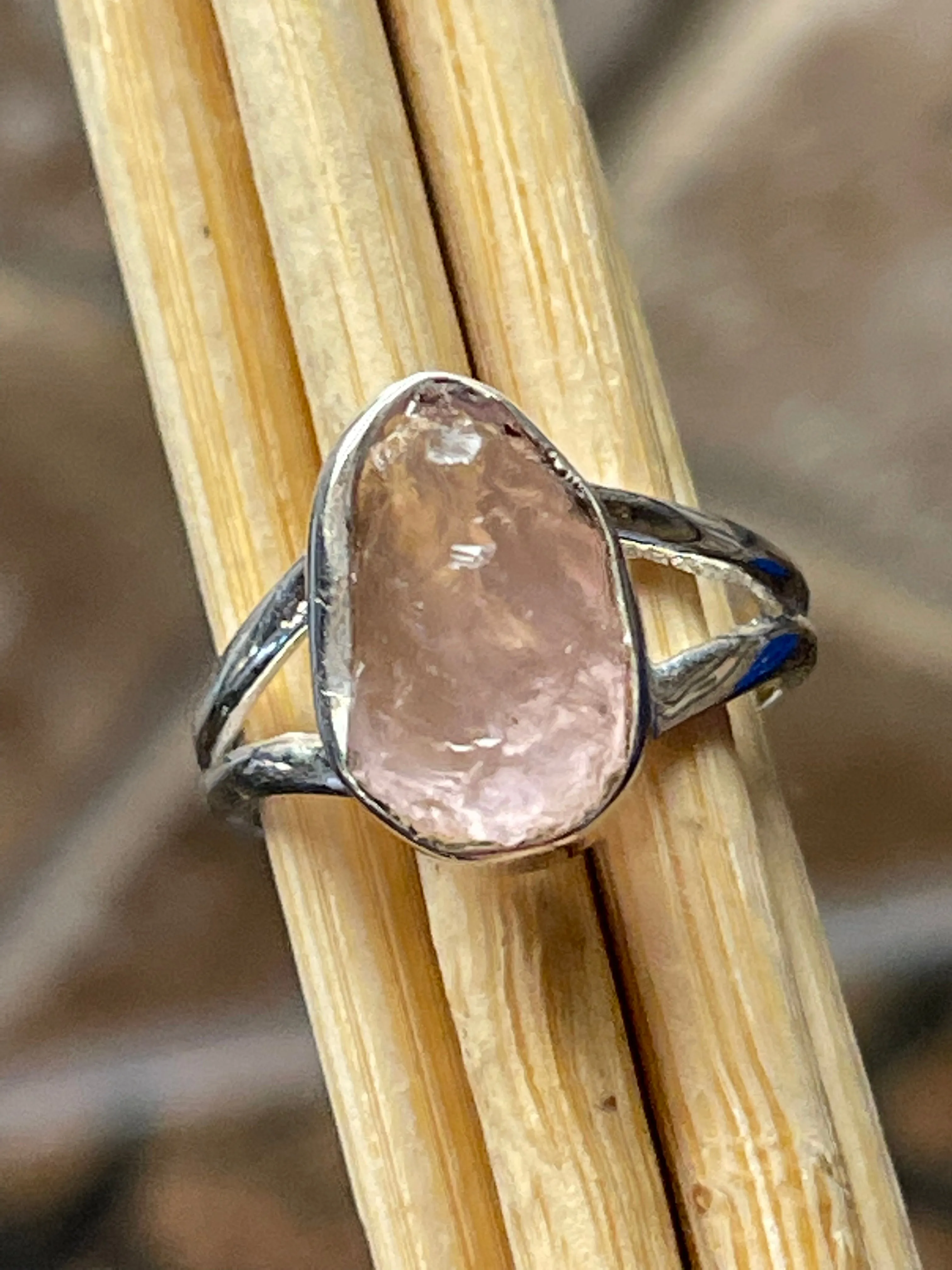 Natural Raw Pink Rose Quartz 925 Soild Sterling Silver Ring Size 5.75