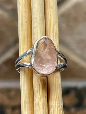 Natural Raw Pink Rose Quartz 925 Soild Sterling Silver Ring Size 5.75