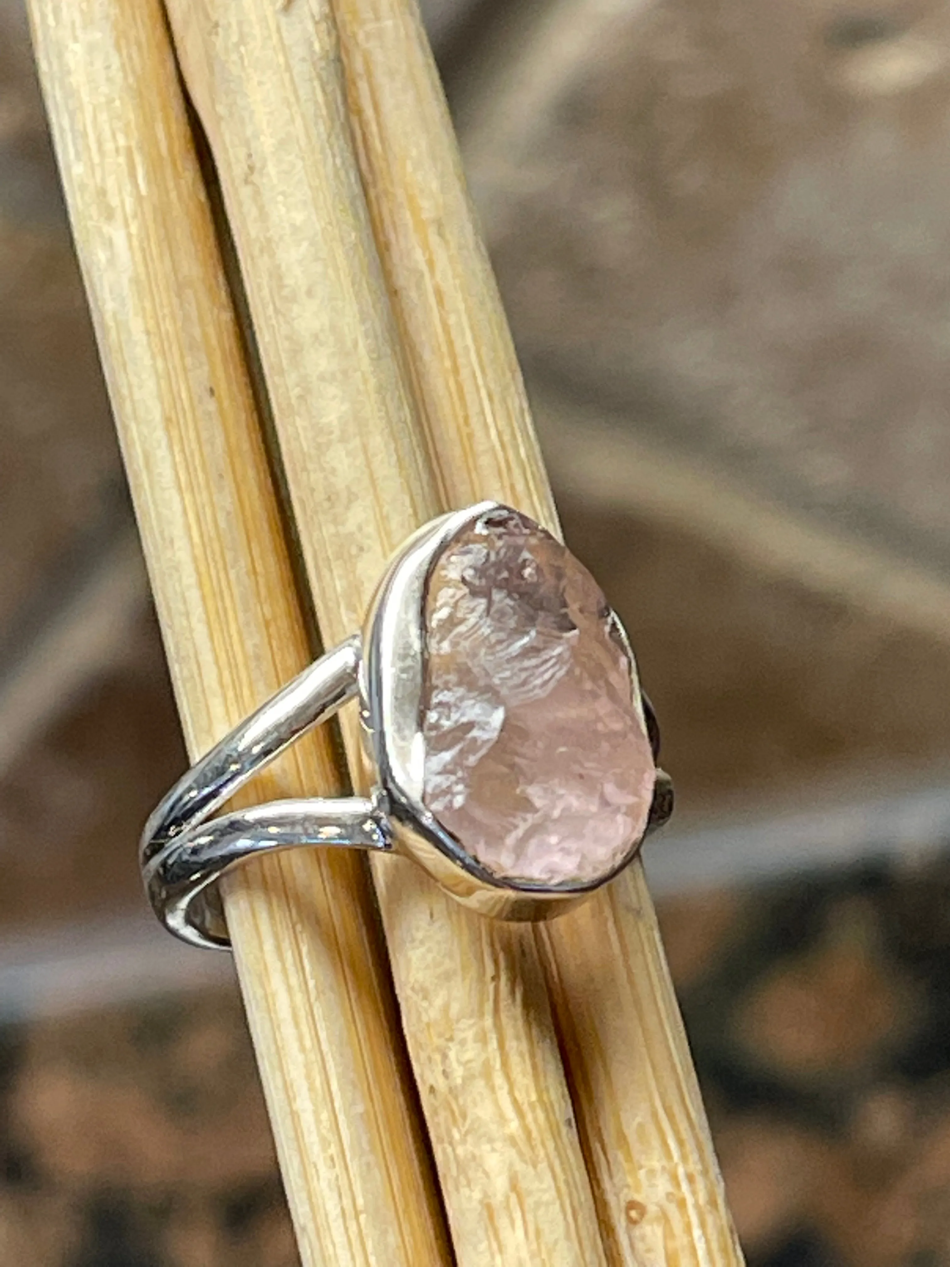 Natural Raw Pink Rose Quartz 925 Soild Sterling Silver Ring Size 5.75