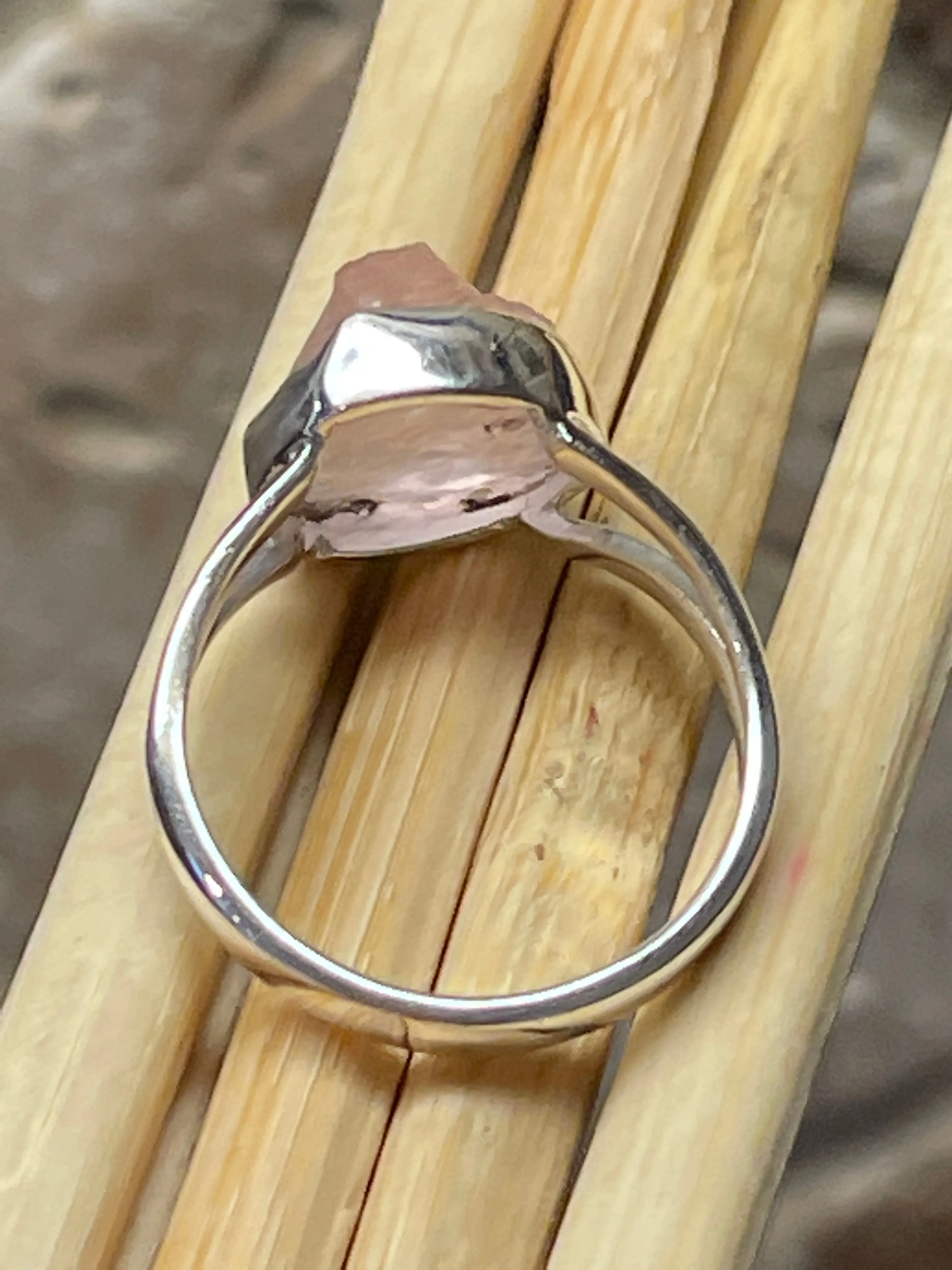 Natural Raw Pink Rose Quartz 925 Soild Sterling Silver Ring Size 5.75