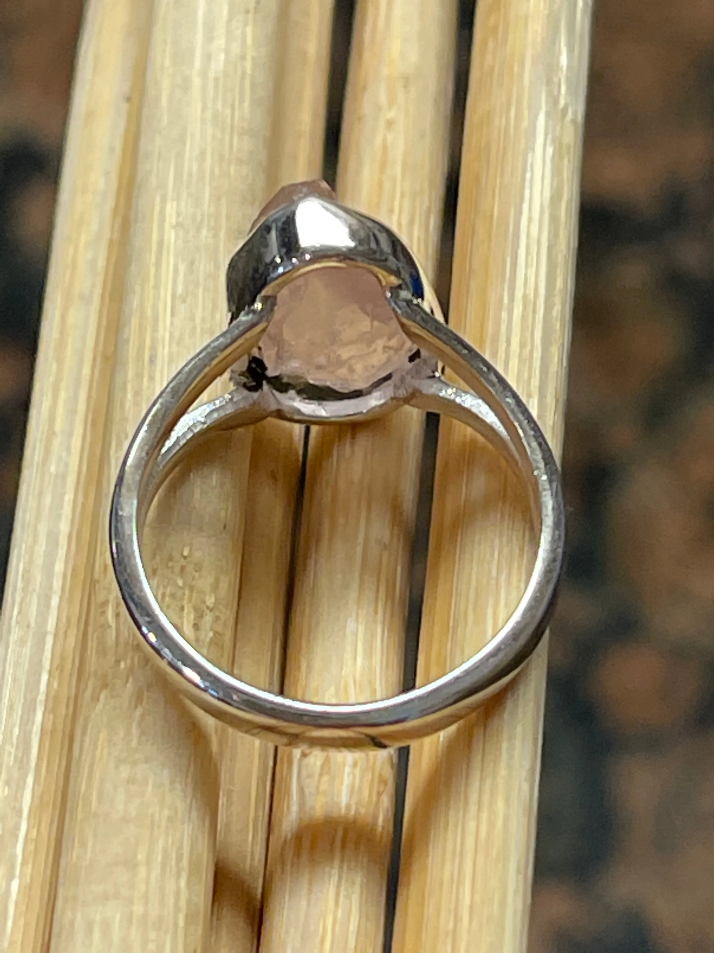 Natural Raw Pink Rose Quartz 925 Soild Sterling Silver Ring Size 5.75
