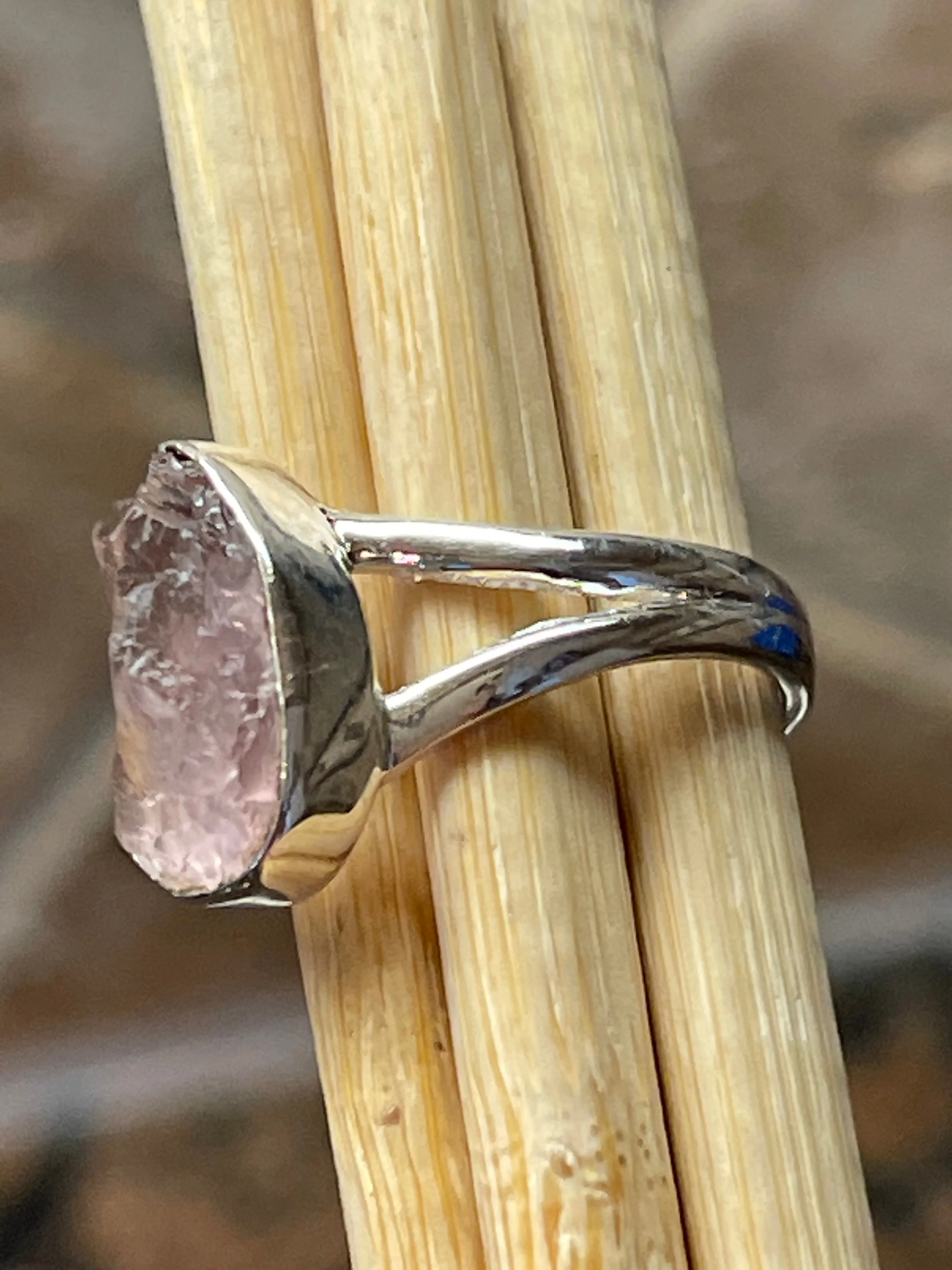Natural Raw Pink Rose Quartz 925 Soild Sterling Silver Ring Size 5.75