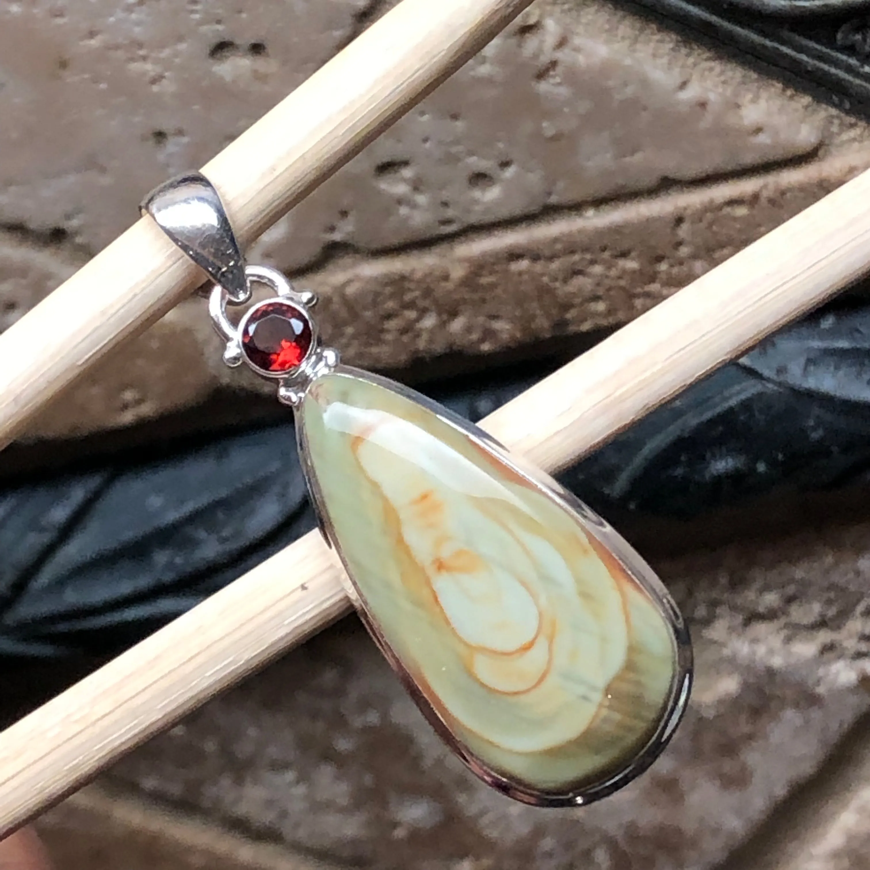 Natural Royal Imperial Jasper, Garnet 925 Solid Sterling Silver Jade Green Color Pendant 50mm