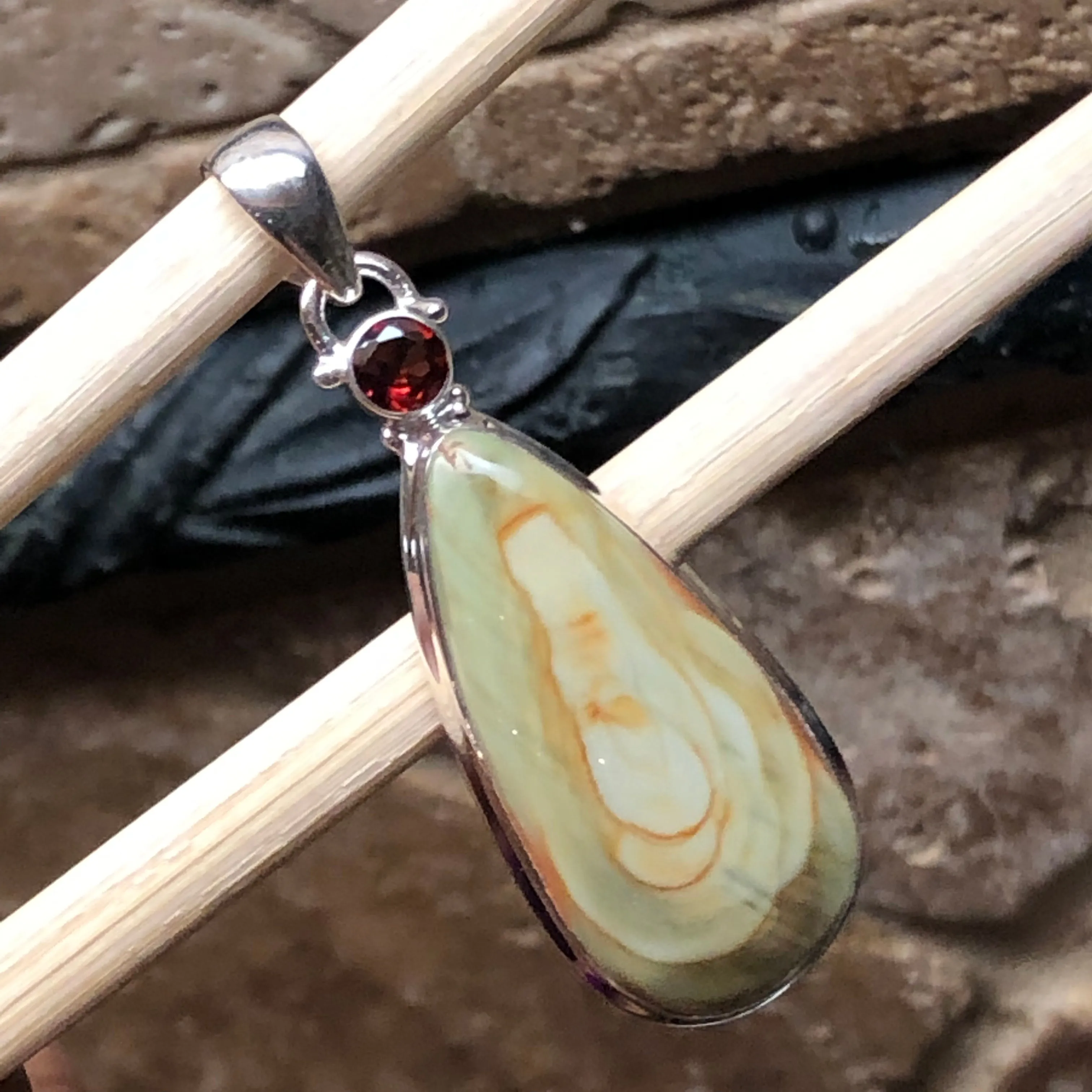 Natural Royal Imperial Jasper, Garnet 925 Solid Sterling Silver Jade Green Color Pendant 50mm