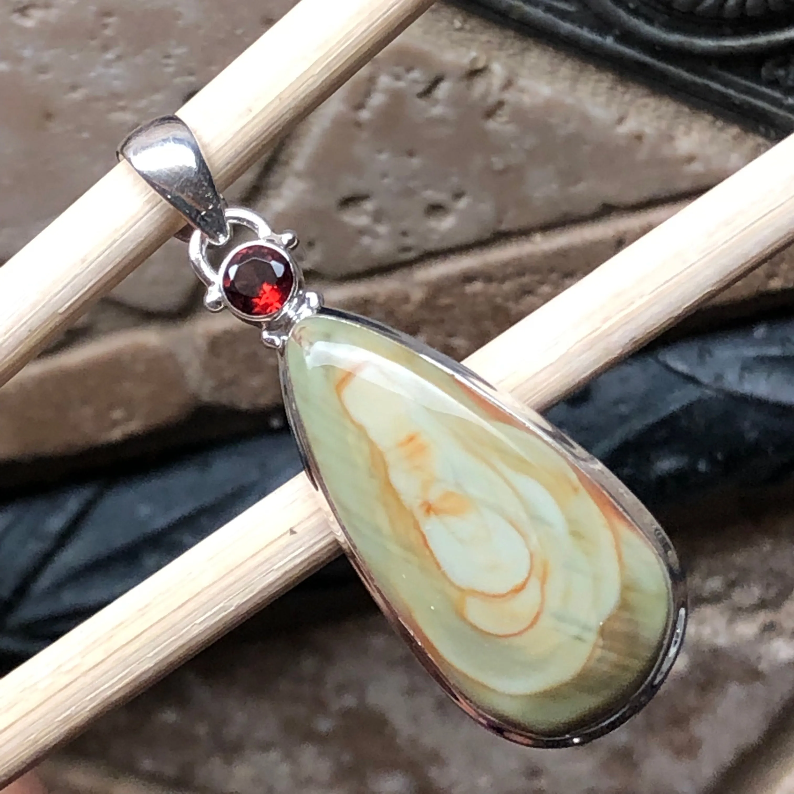 Natural Royal Imperial Jasper, Garnet 925 Solid Sterling Silver Jade Green Color Pendant 50mm