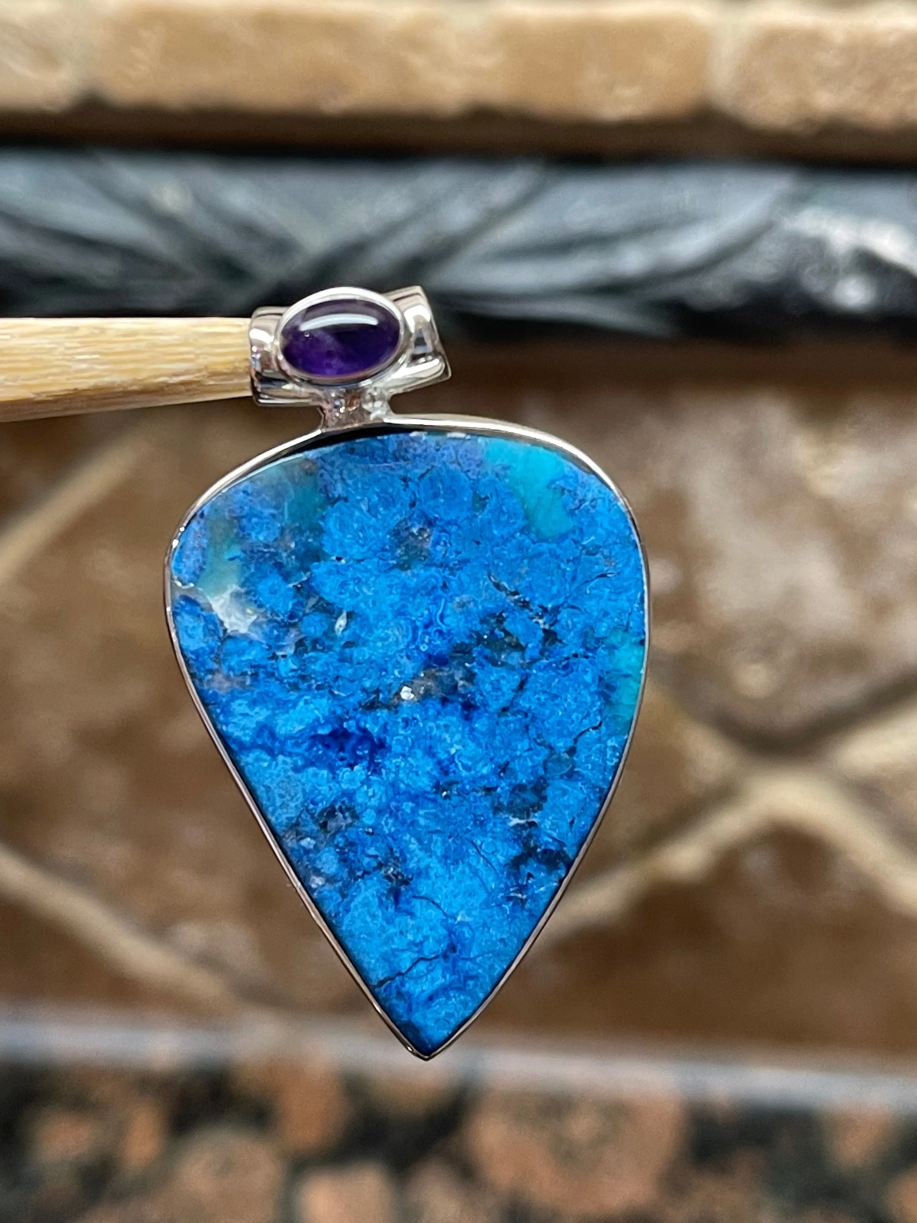 Natural Shattuckite, Amethyst 925 Solid Sterling Silver Pendant 40mm