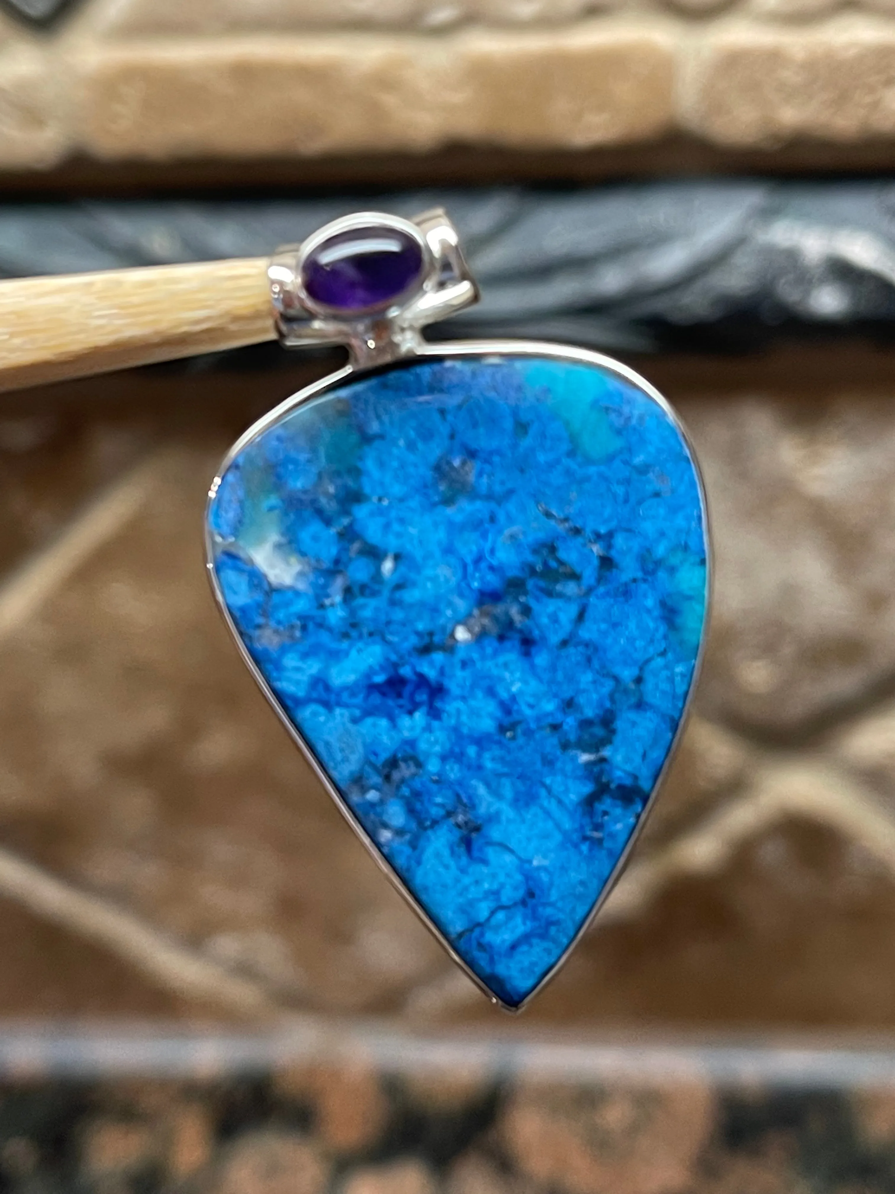 Natural Shattuckite, Amethyst 925 Solid Sterling Silver Pendant 40mm
