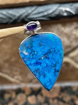 Natural Shattuckite, Amethyst 925 Solid Sterling Silver Pendant 40mm