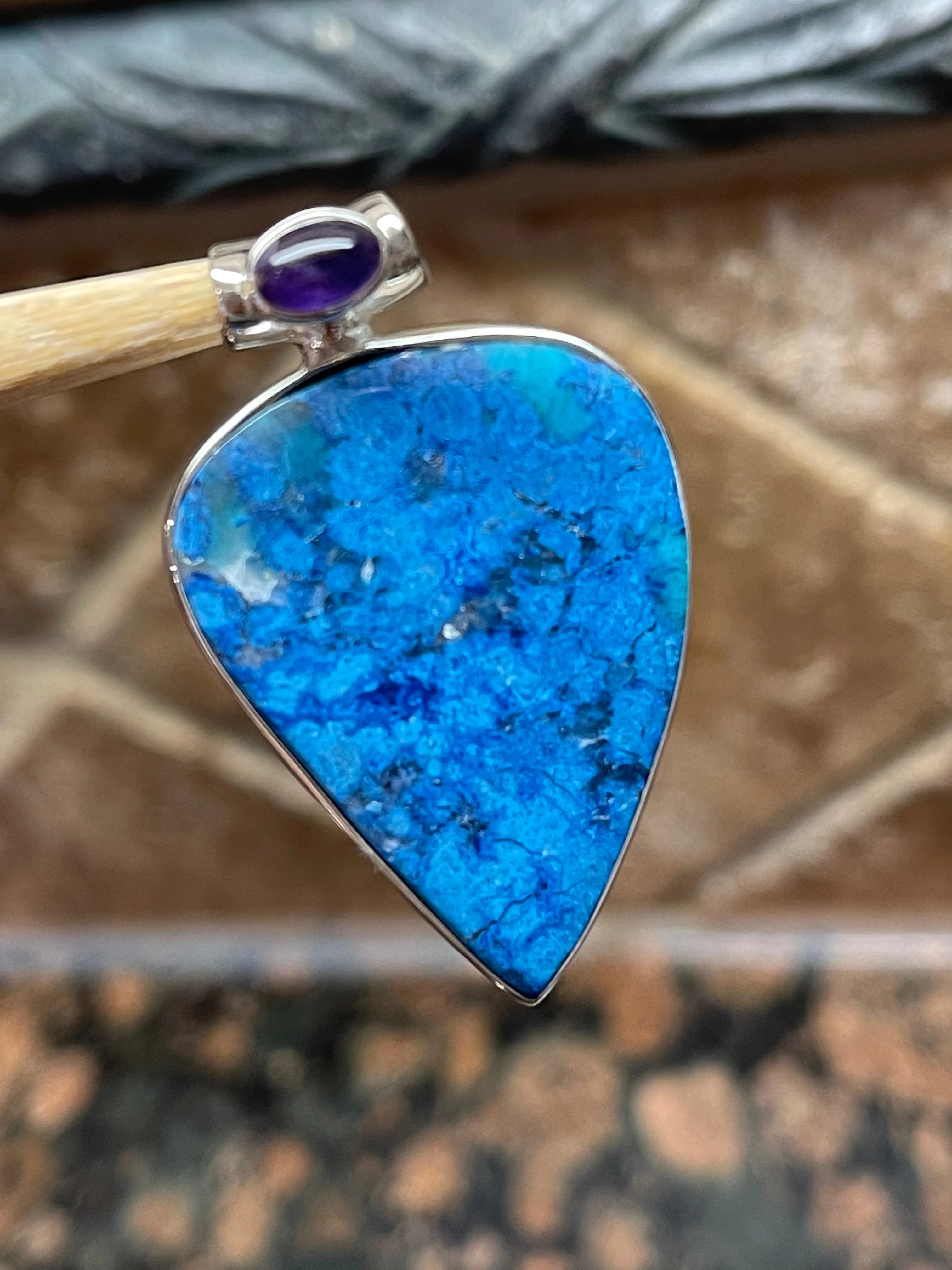 Natural Shattuckite, Amethyst 925 Solid Sterling Silver Pendant 40mm