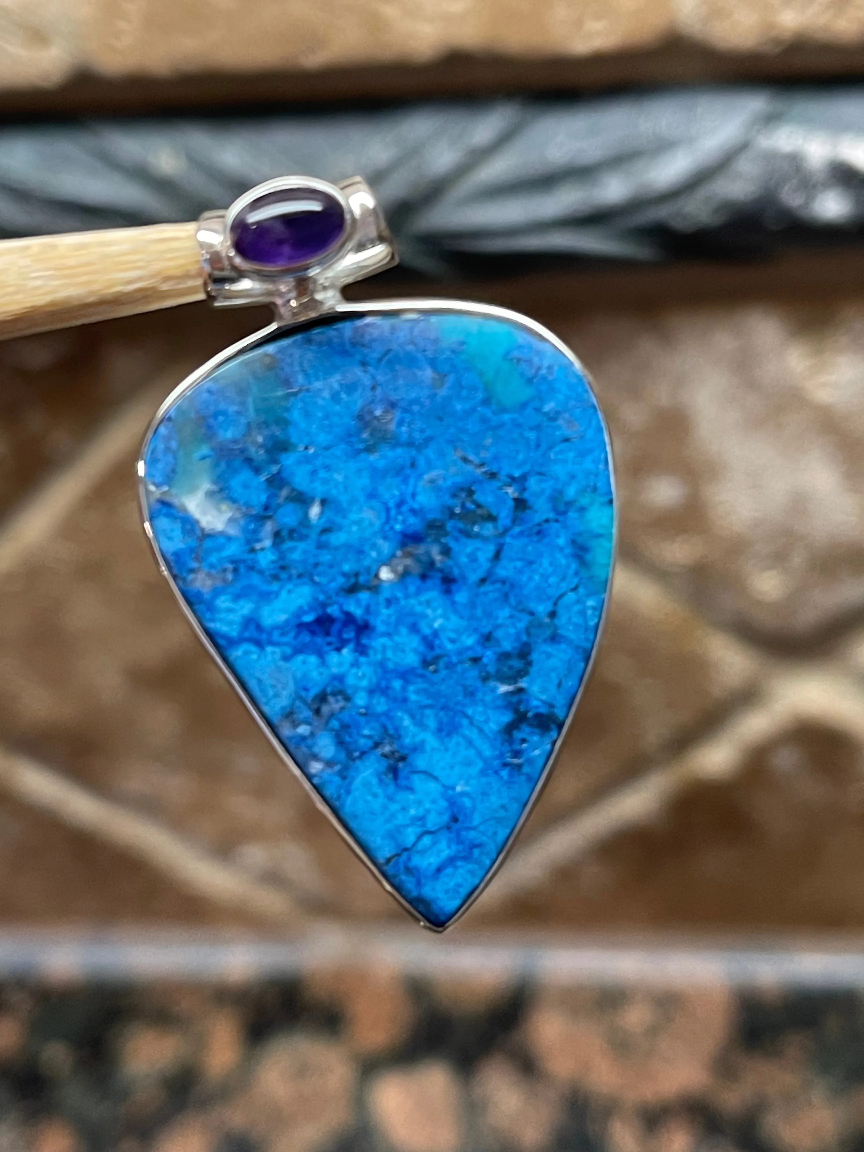 Natural Shattuckite, Amethyst 925 Solid Sterling Silver Pendant 40mm