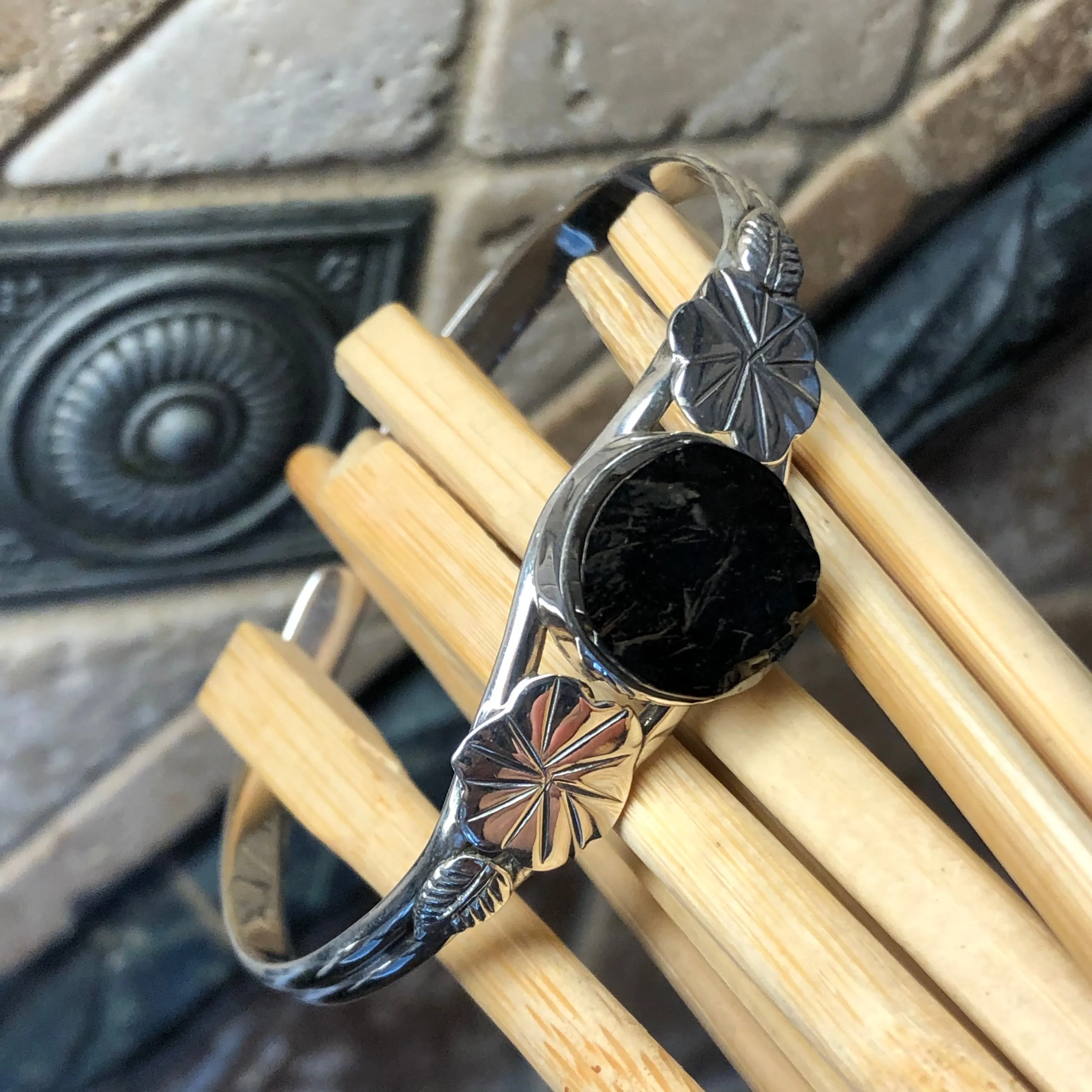 Natural Shungite 925 Solid Sterling Silver Cuff Bracelets