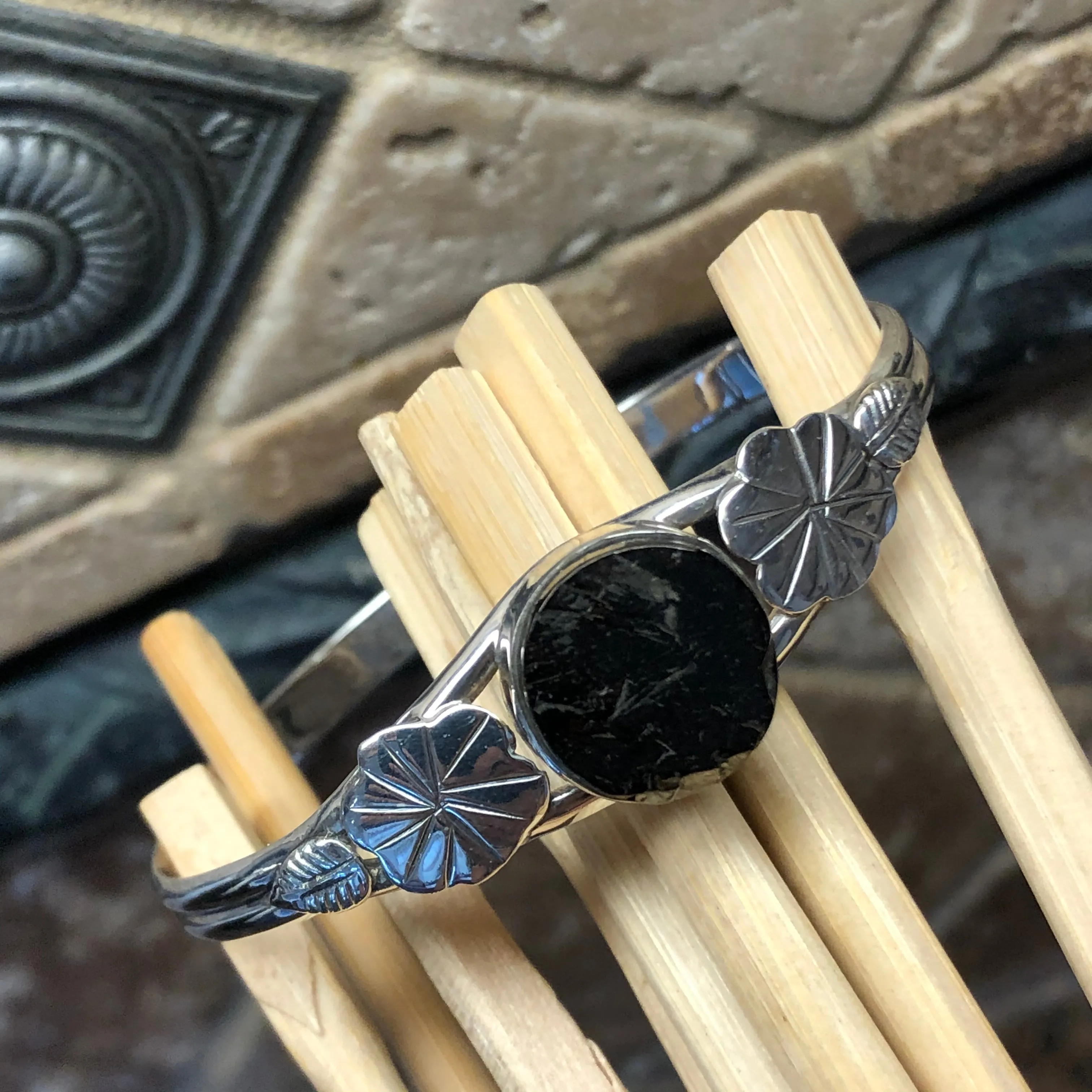 Natural Shungite 925 Solid Sterling Silver Cuff Bracelets