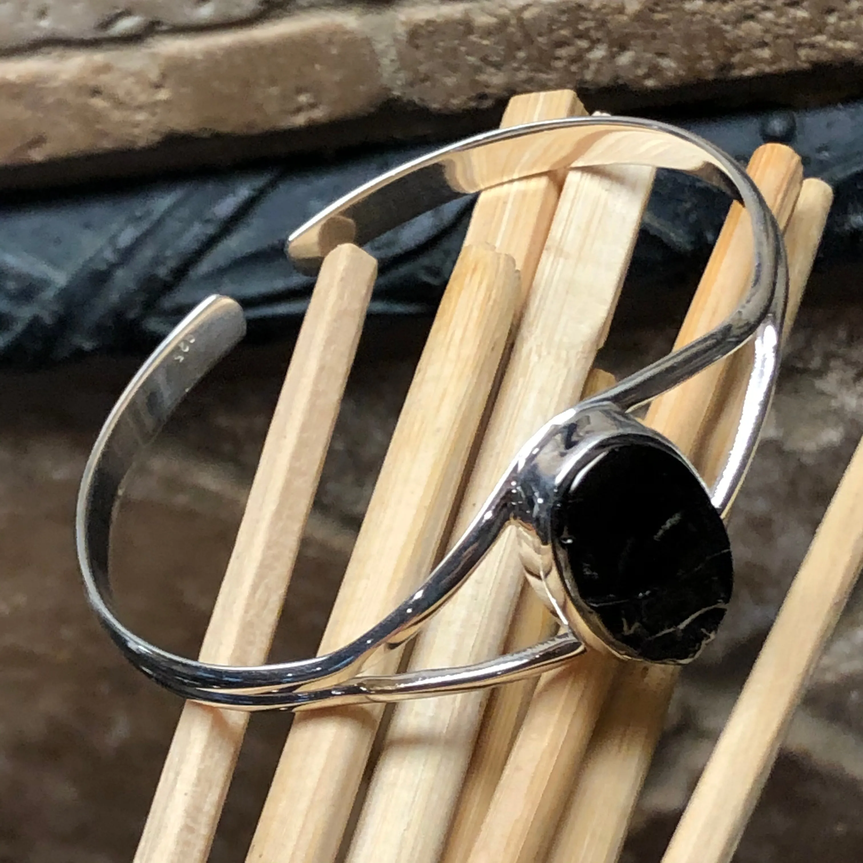 Natural Shungite 925 Solid Sterling Silver Cuff Bracelets