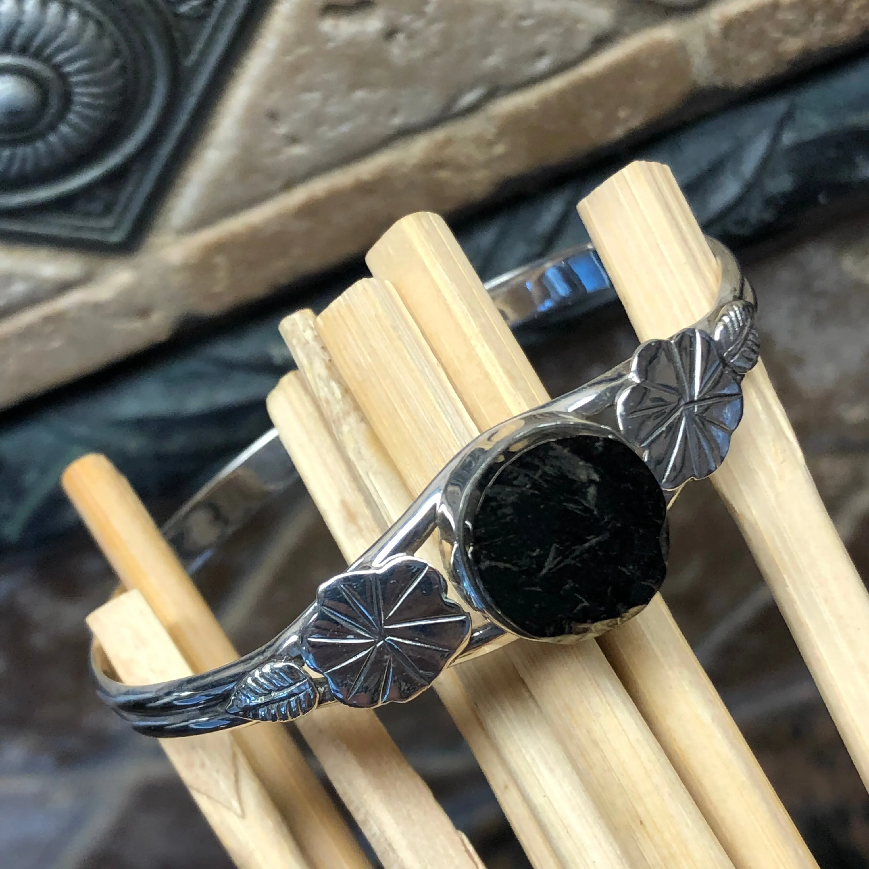 Natural Shungite 925 Solid Sterling Silver Cuff Bracelets