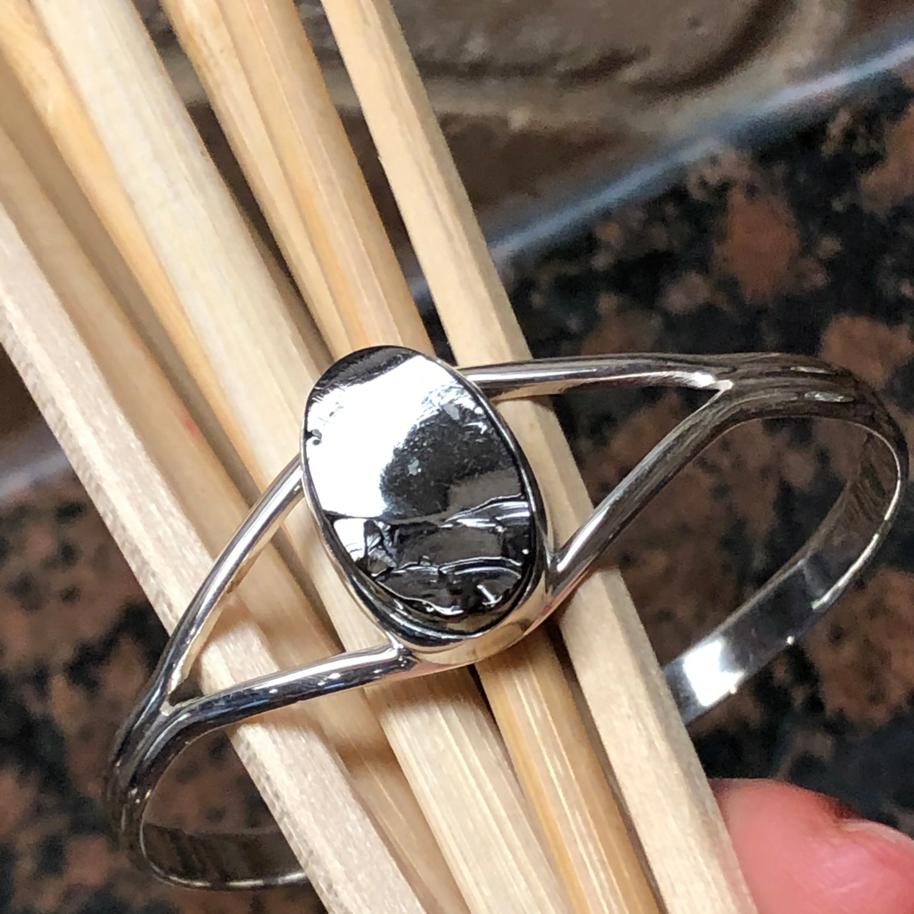 Natural Shungite 925 Solid Sterling Silver Cuff Bracelets