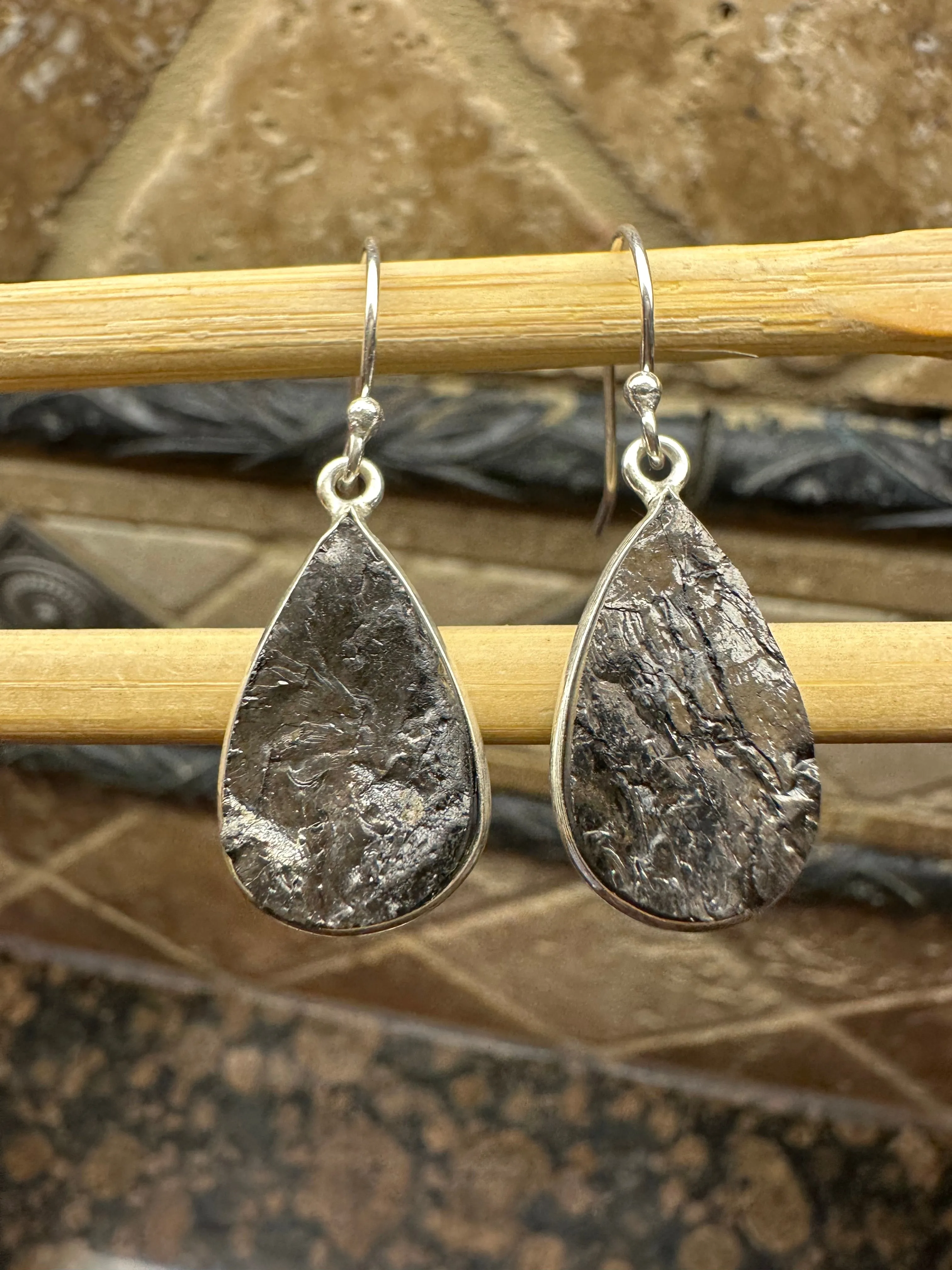 Natural Shungite 925 Solid Sterling Silver Earrings 35mm